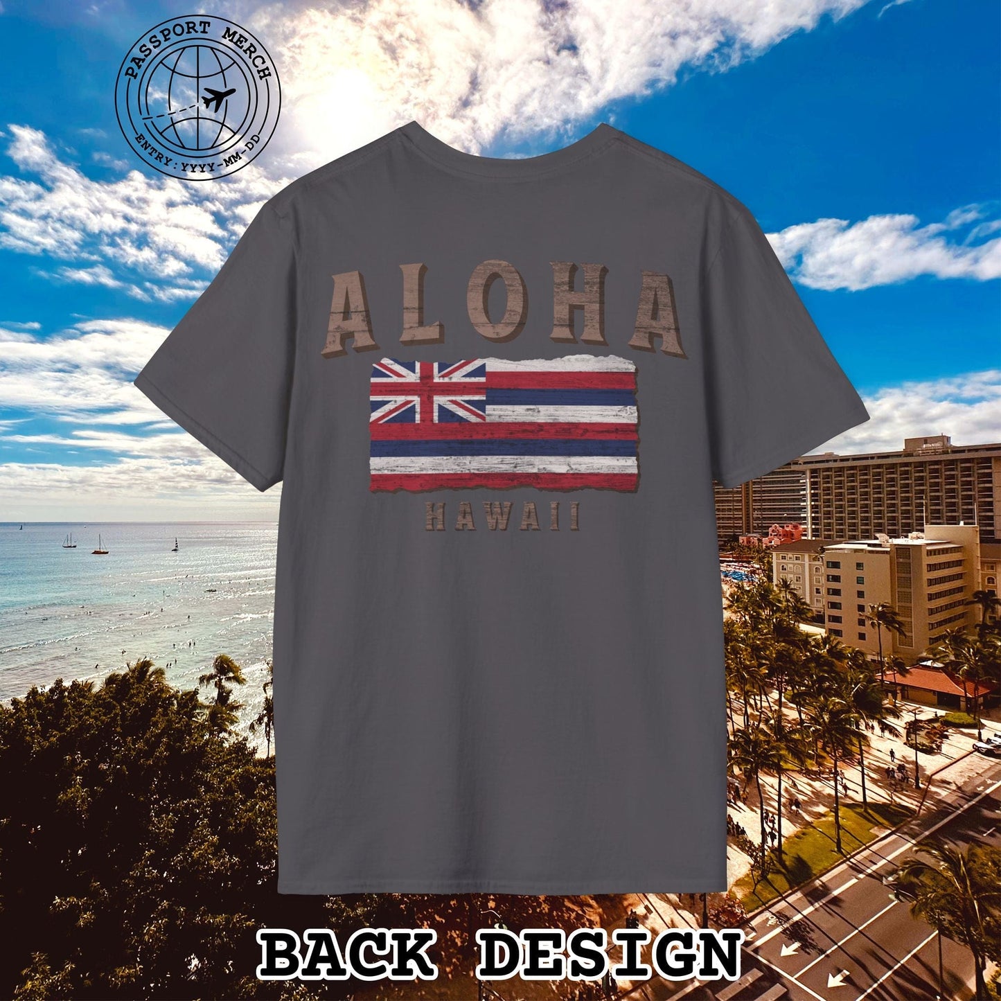 Koa Wood Aloha Hawaiian Flag, Back Print T-Shirt