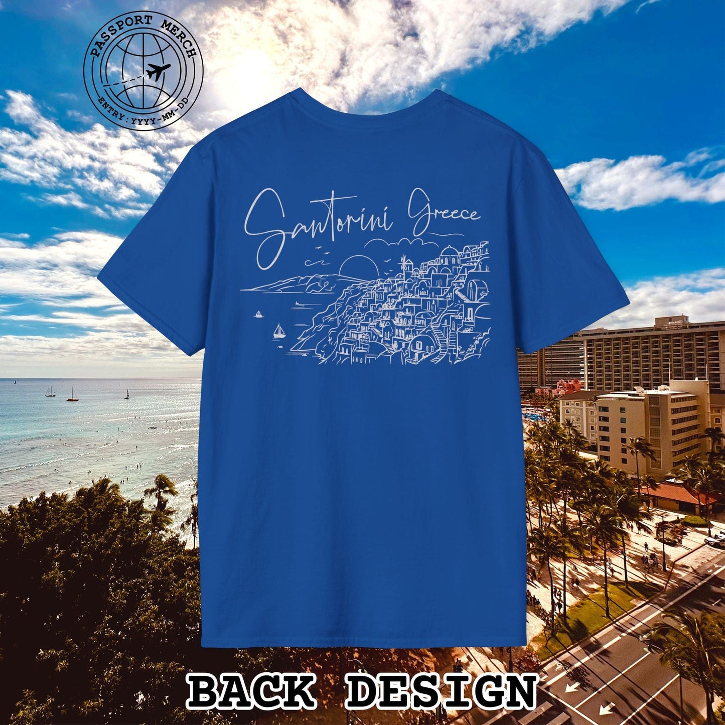 Santorini Dreaming Greece, Back Print T-Shirt