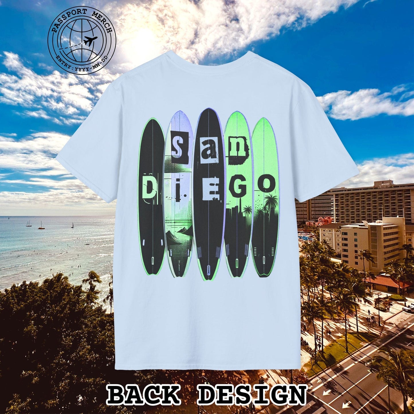 Surfboard Dreams San Diego, California, Back Print T-Shirt