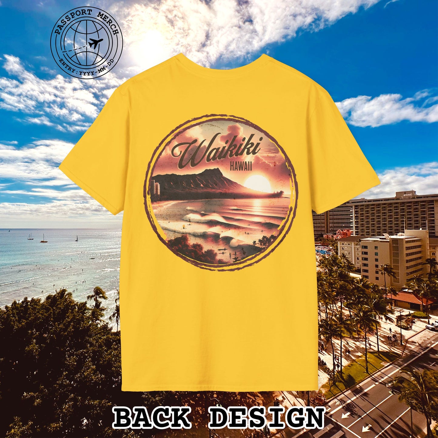 Vintage Nostalgia, Waikiki, Hawaii, Back Print T-Shirt