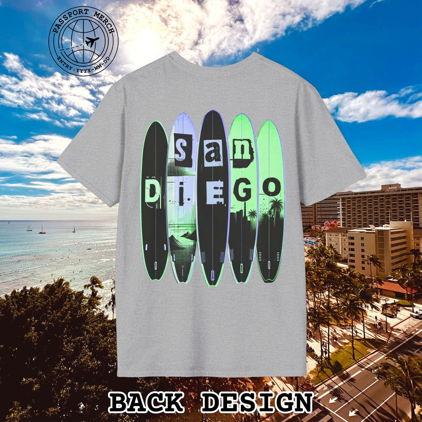 Surfboard Dreams San Diego, California, Back Print T-Shirt