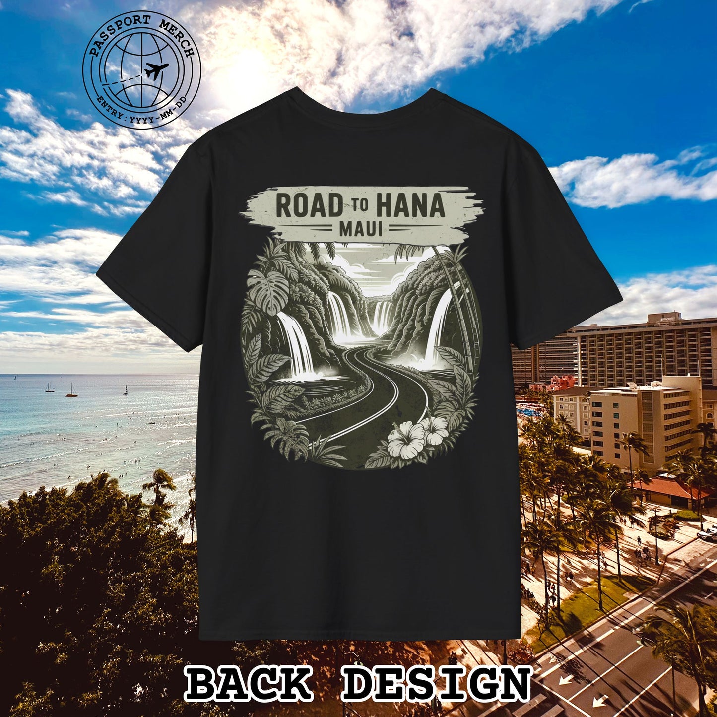 Vintage Road to Hana, Maui, Hawaii, Back Print T-Shirt