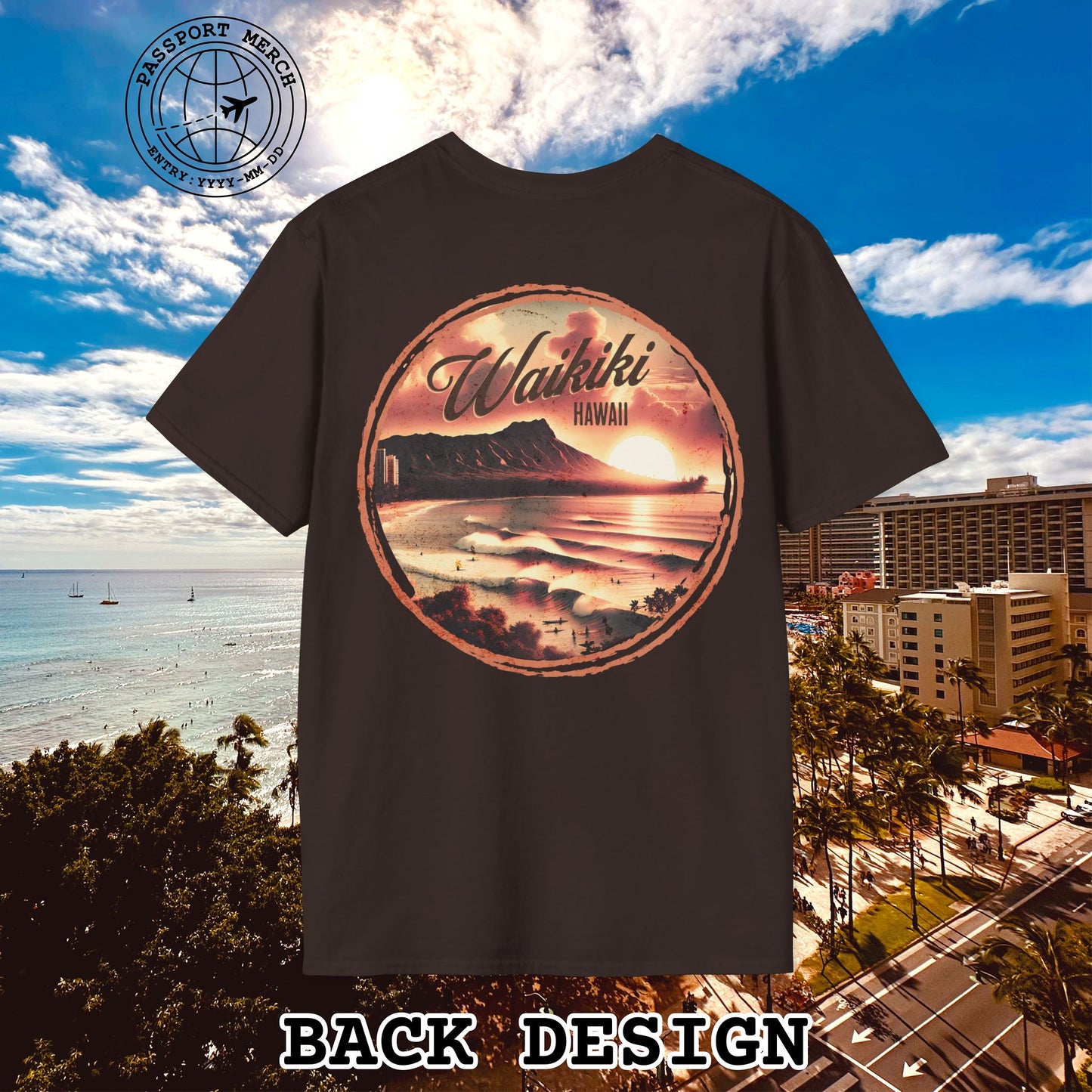 Vintage Nostalgia, Waikiki, Hawaii, Back Print T-Shirt