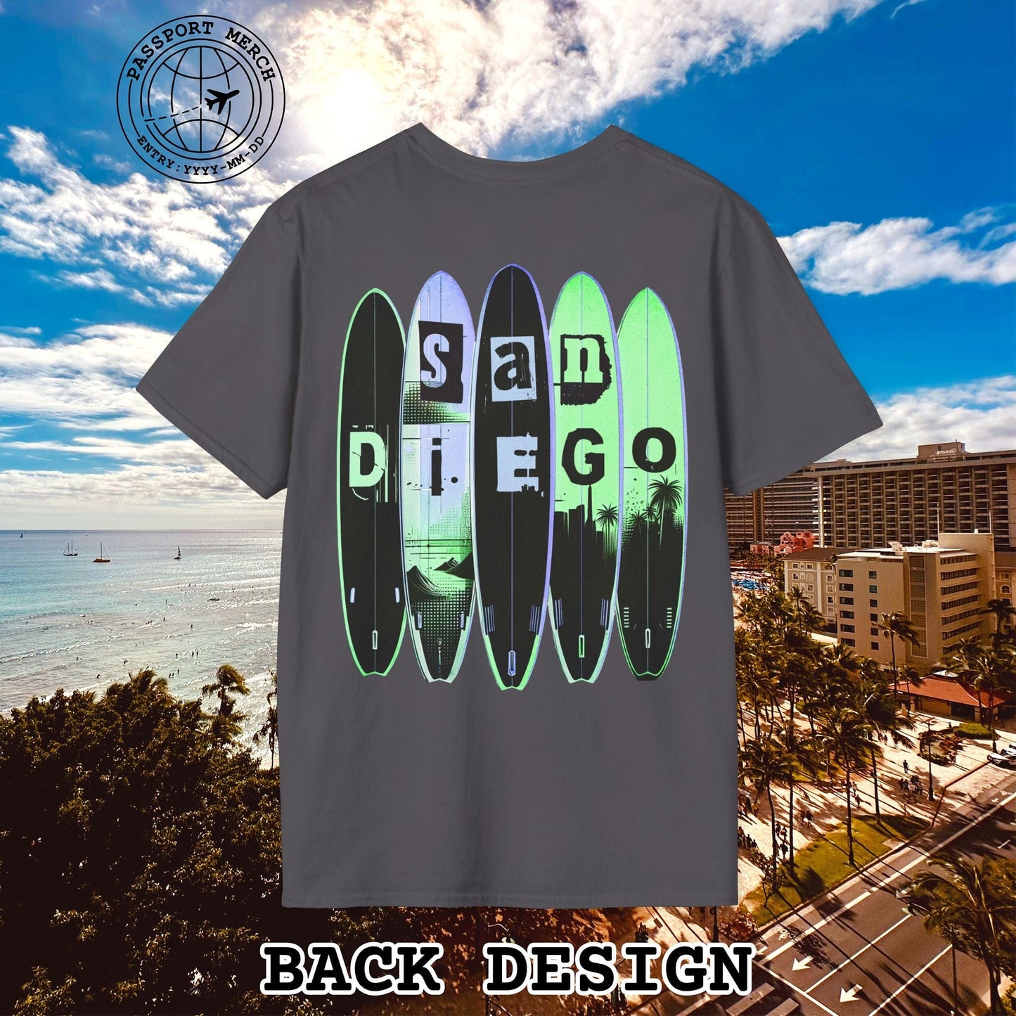 Surfboard Dreams San Diego, California, Back Print T-Shirt