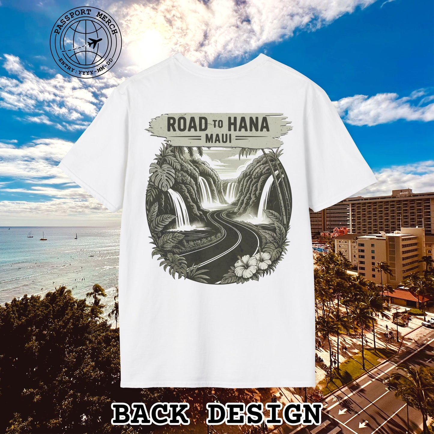 Vintage Road to Hana, Maui, Hawaii, Back Print T-Shirt