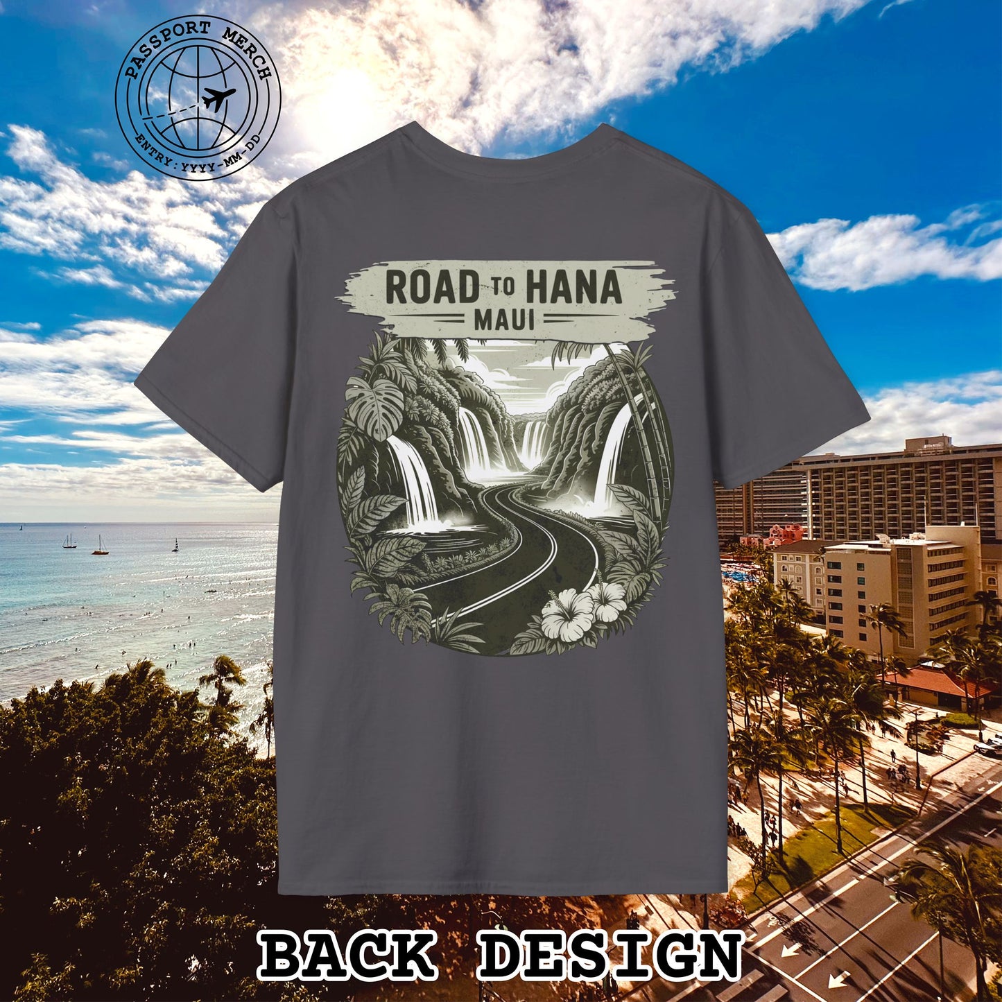 Vintage Road to Hana, Maui, Hawaii, Back Print T-Shirt