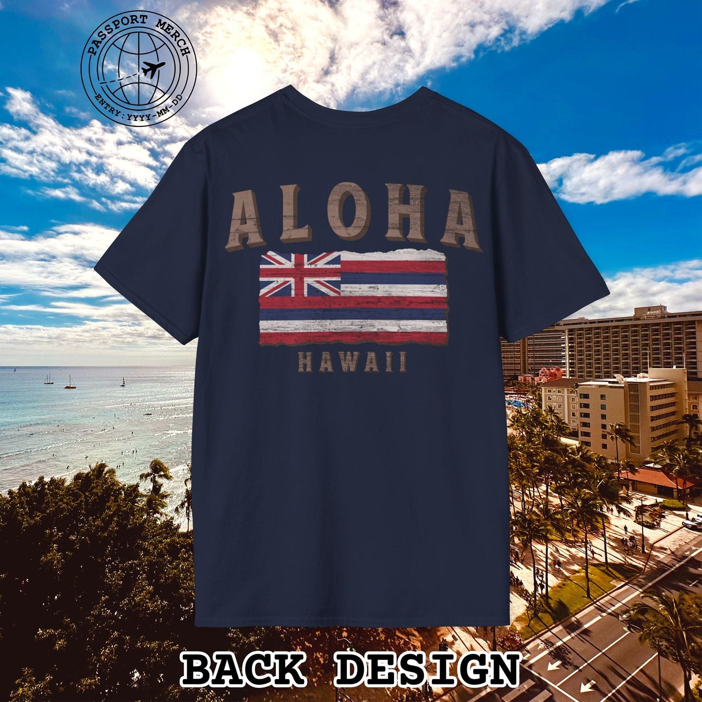 Koa Wood Aloha Hawaiian Flag, Back Print T-Shirt