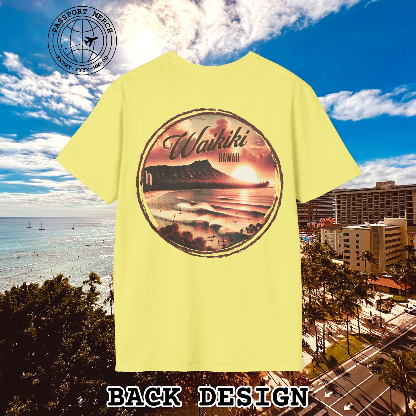 Vintage Nostalgia, Waikiki, Hawaii, Back Print T-Shirt