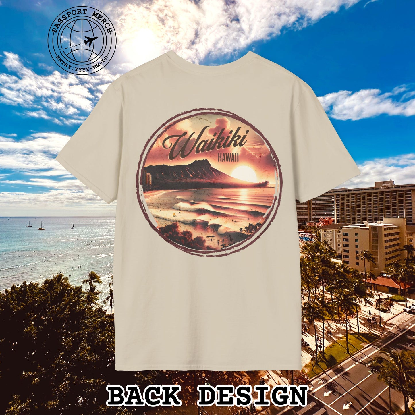 Vintage Nostalgia, Waikiki, Hawaii, Back Print T-Shirt