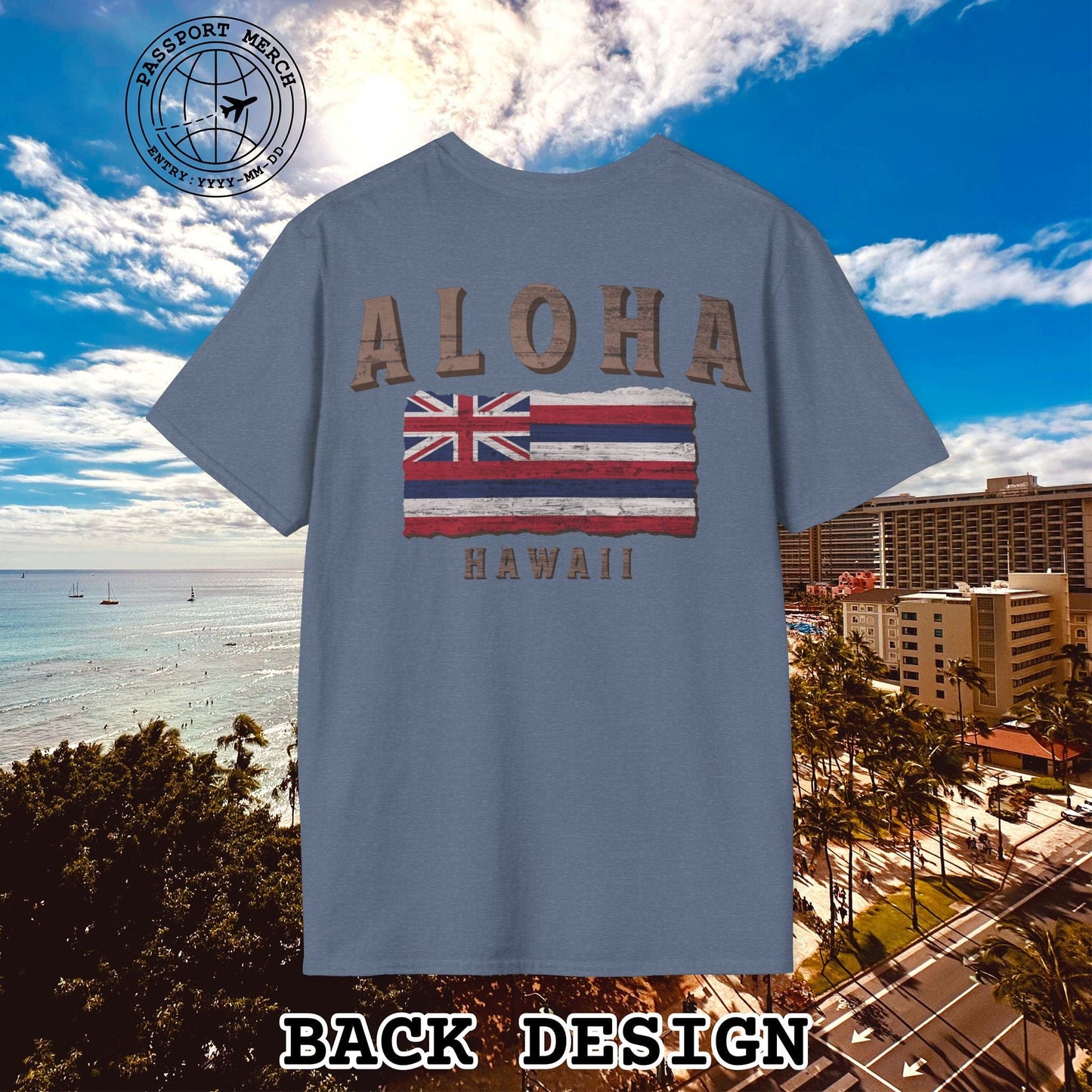 Koa Wood Aloha Hawaiian Flag, Back Print T-Shirt