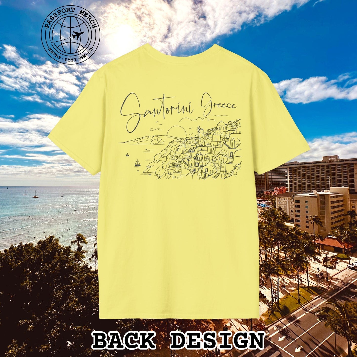 Santorini Dreaming Greece, Back Print T-Shirt