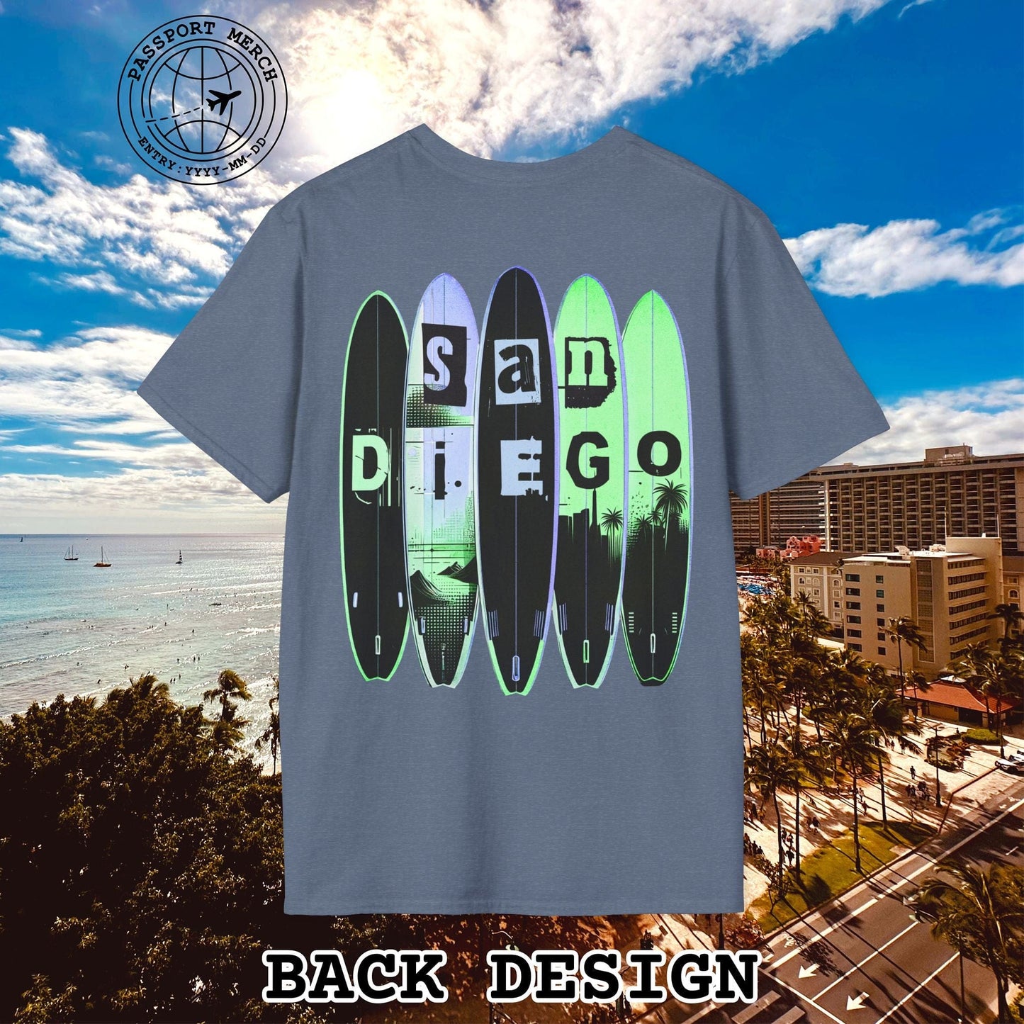 Surfboard Dreams San Diego, California, Back Print T-Shirt