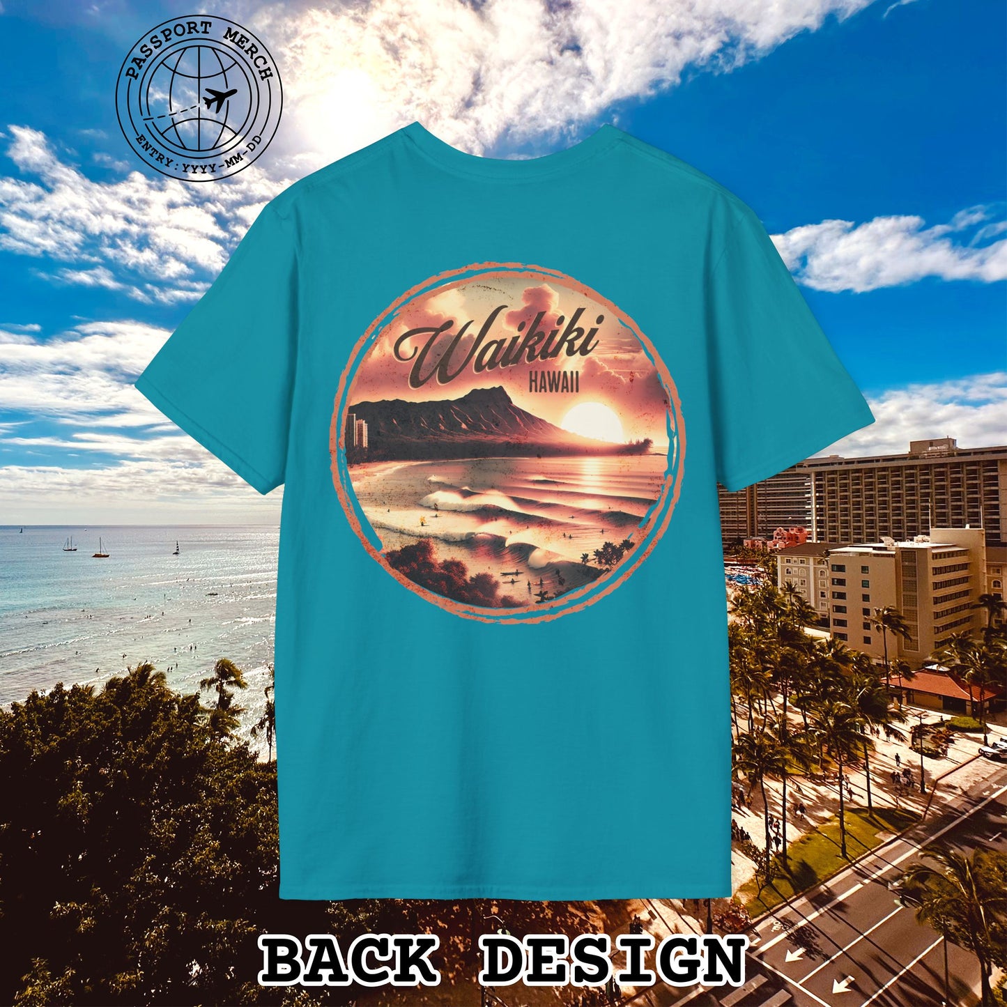 Vintage Nostalgia, Waikiki, Hawaii, Back Print T-Shirt