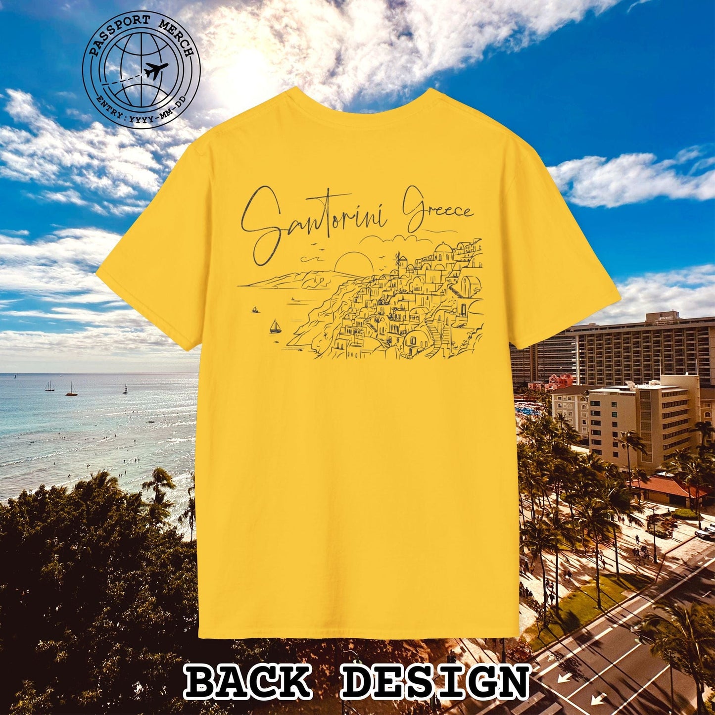 Santorini Dreaming Greece, Back Print T-Shirt