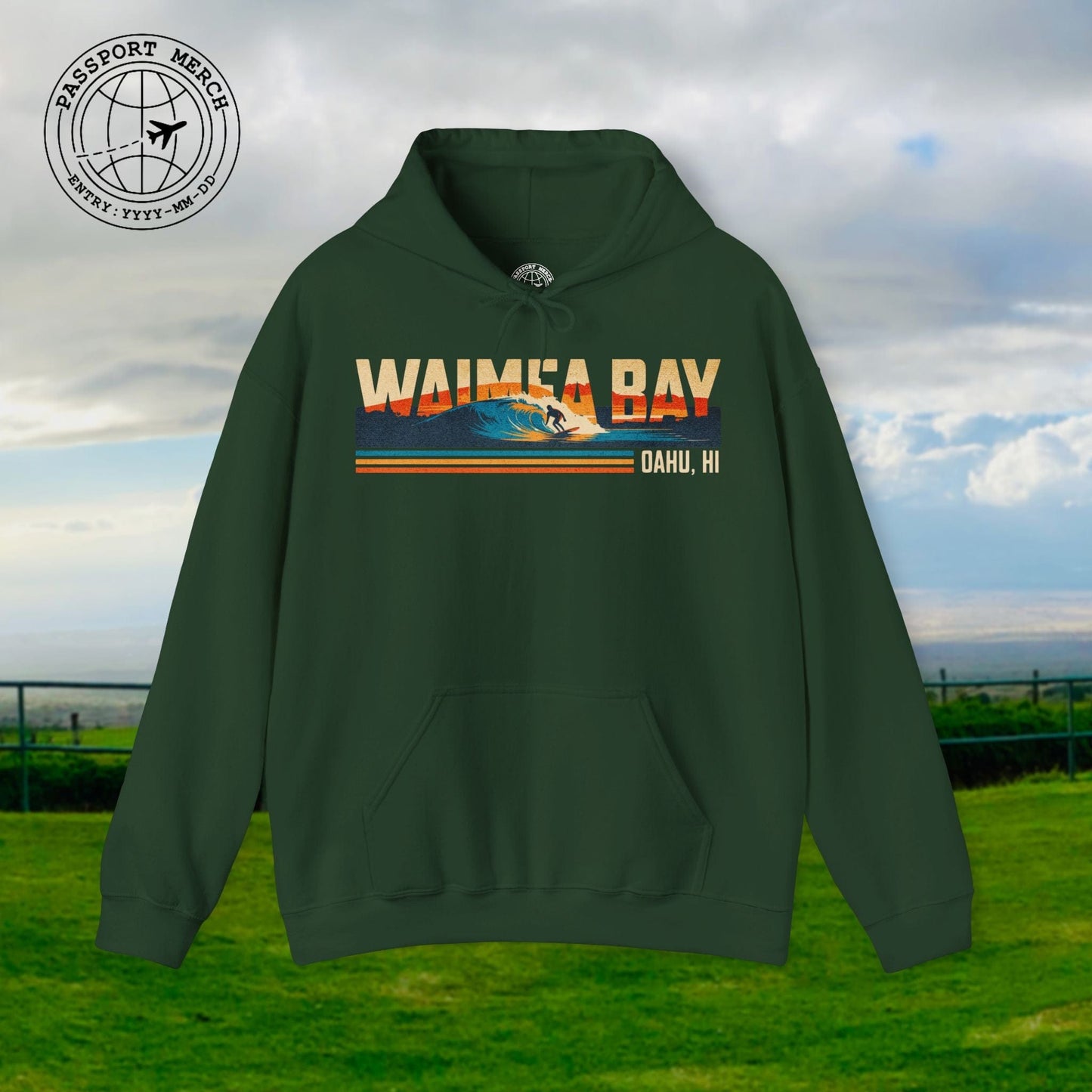 Waimea Bay, Oahu, Hawaii - Vibrant Surf Retro Hoodie