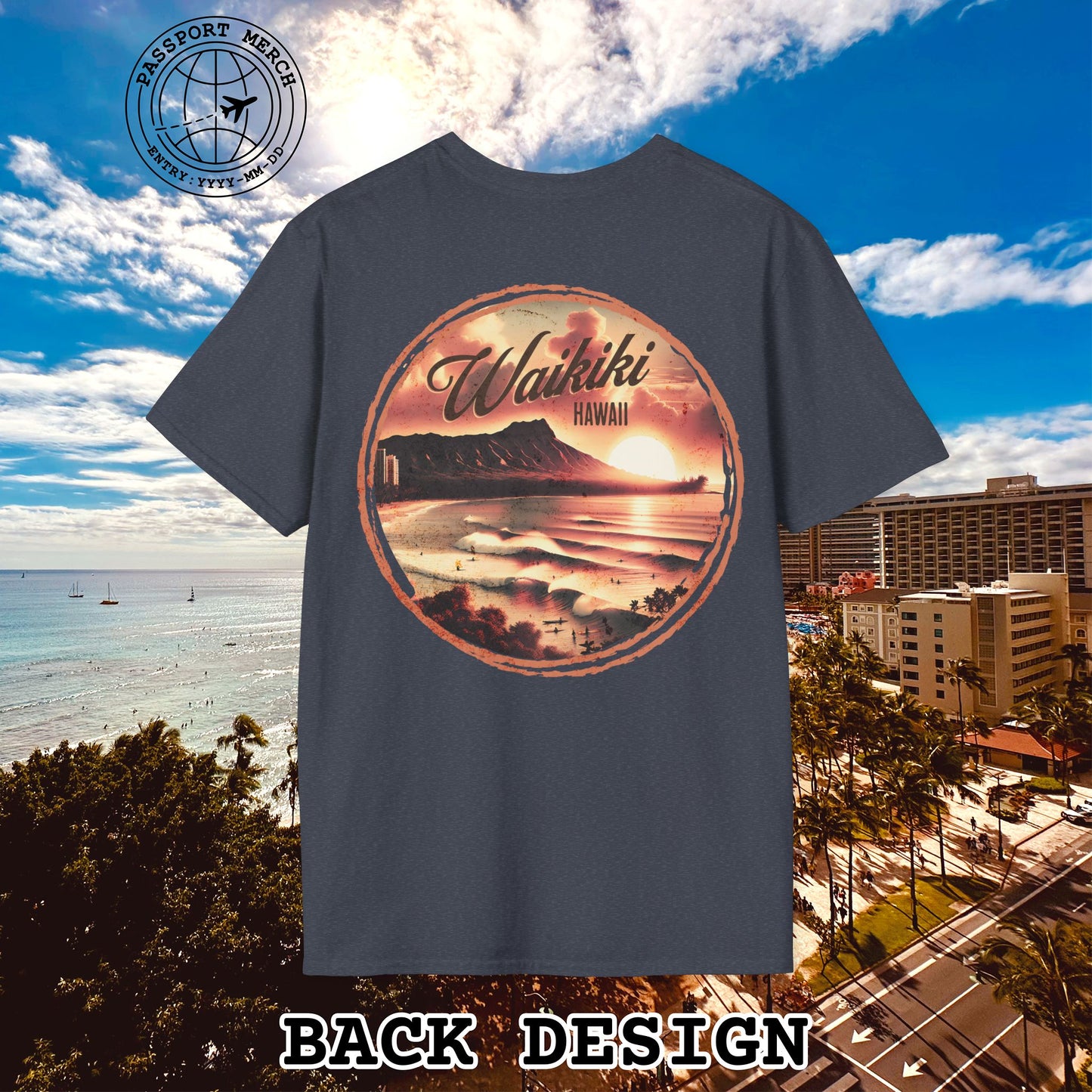 Vintage Nostalgia, Waikiki, Hawaii, Back Print T-Shirt