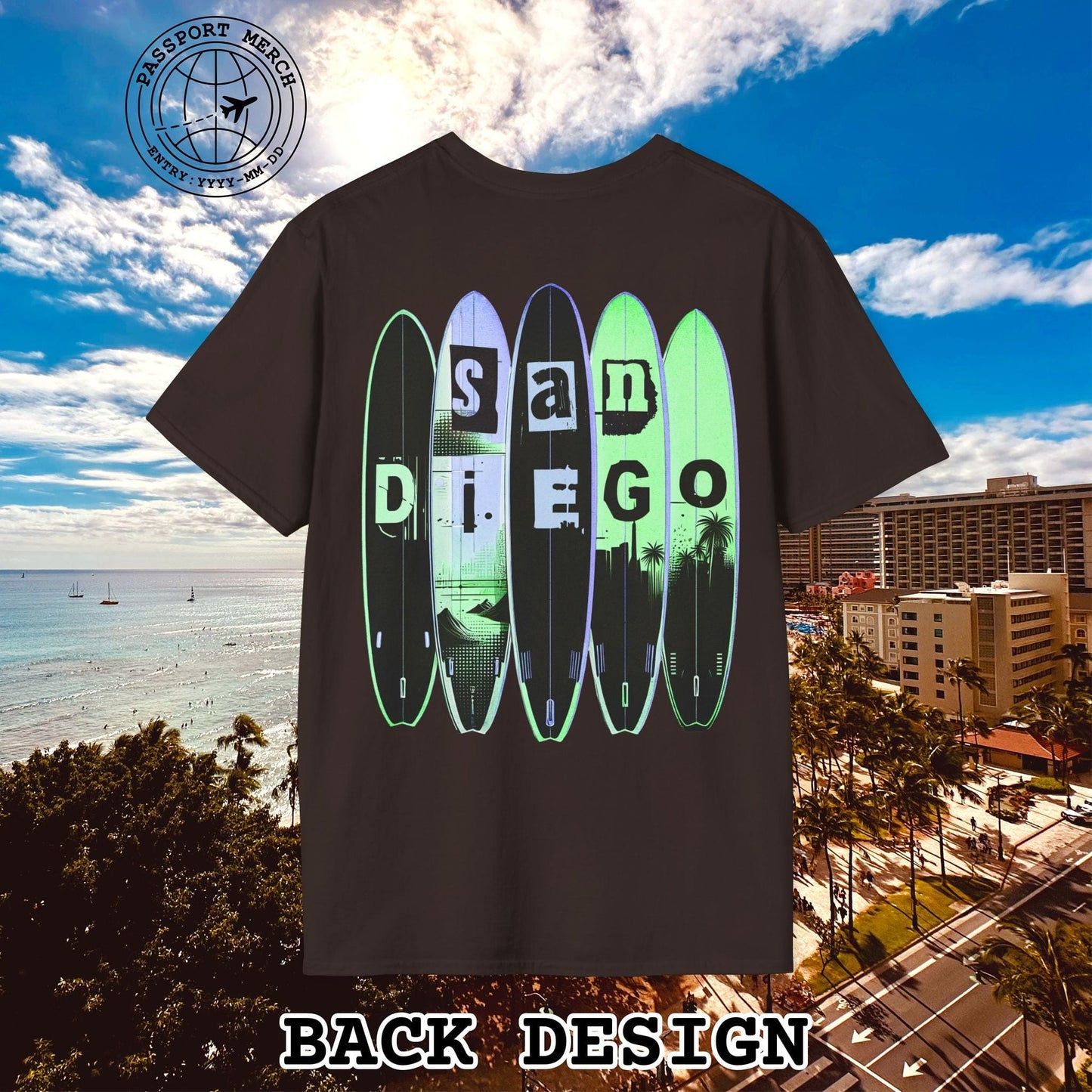 Surfboard Dreams San Diego, California, Back Print T-Shirt
