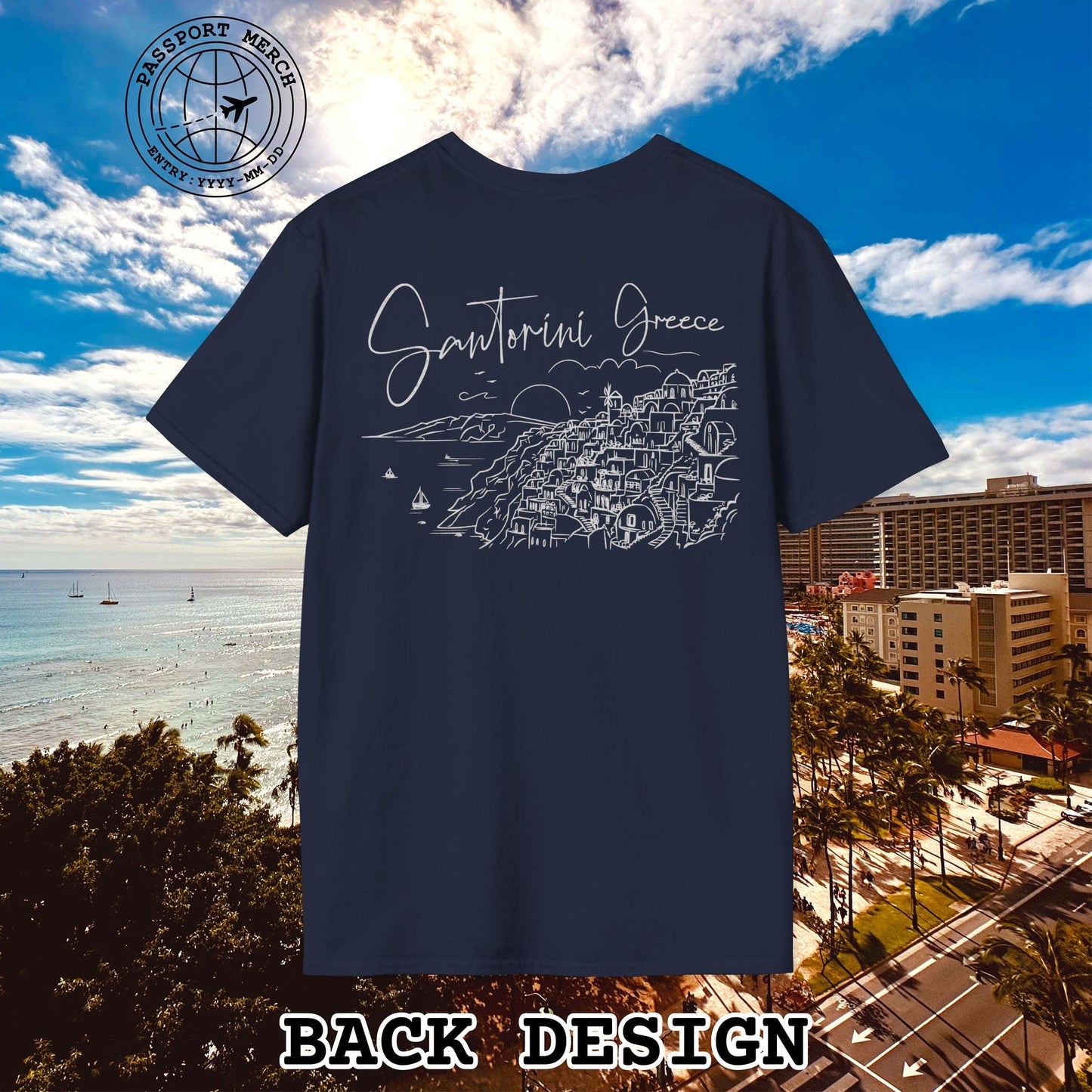 Santorini Dreaming Greece, Back Print T-Shirt