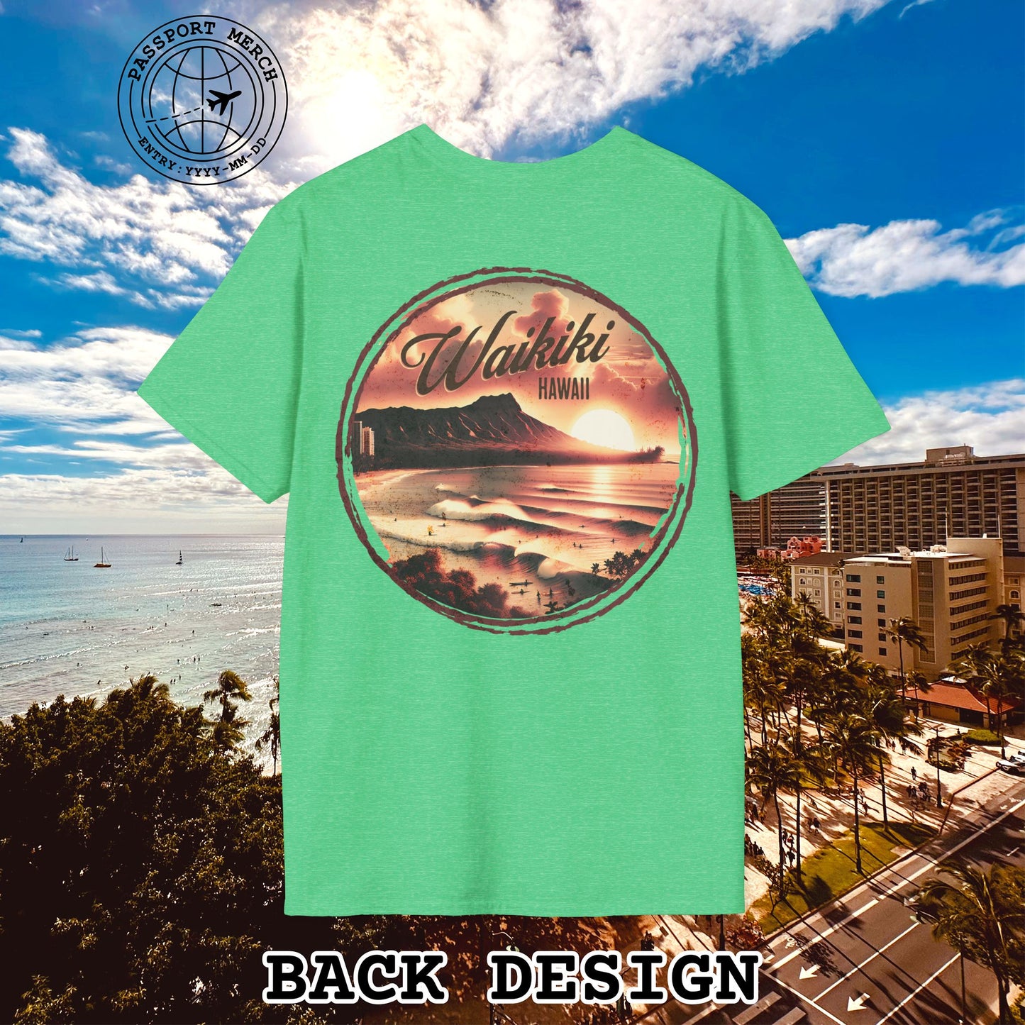 Vintage Nostalgia, Waikiki, Hawaii, Back Print T-Shirt