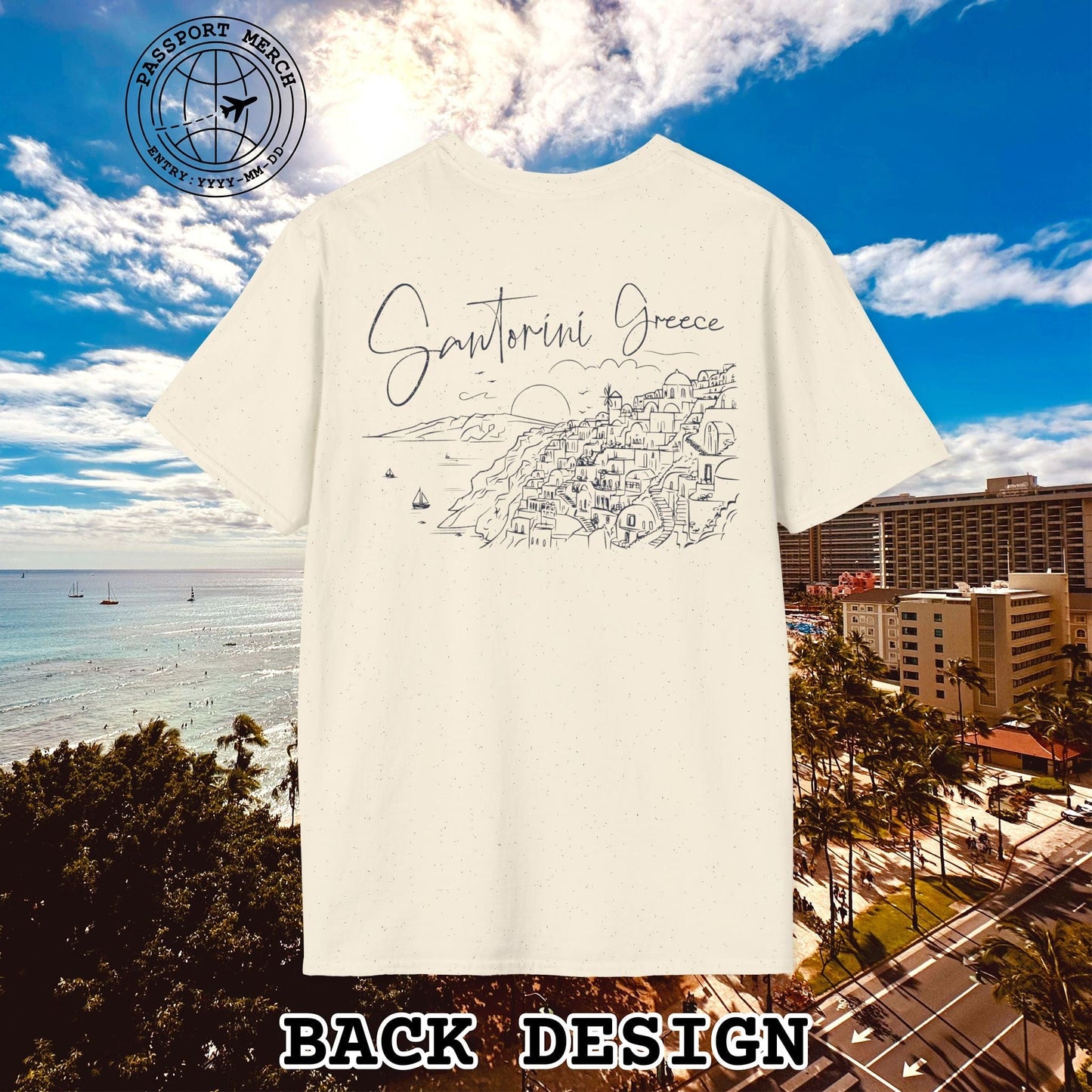 Santorini Dreaming Greece, Back Print T-Shirt