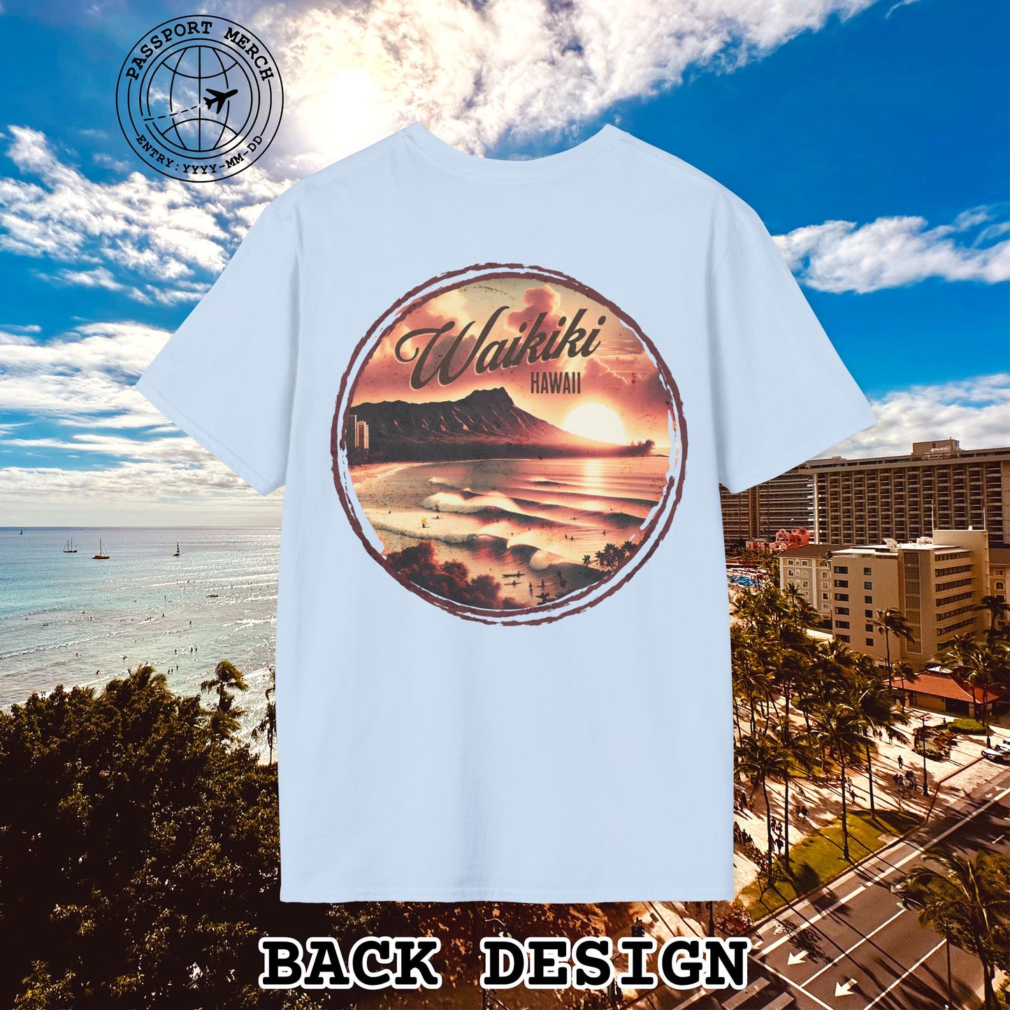 Vintage Nostalgia, Waikiki, Hawaii, Back Print T-Shirt