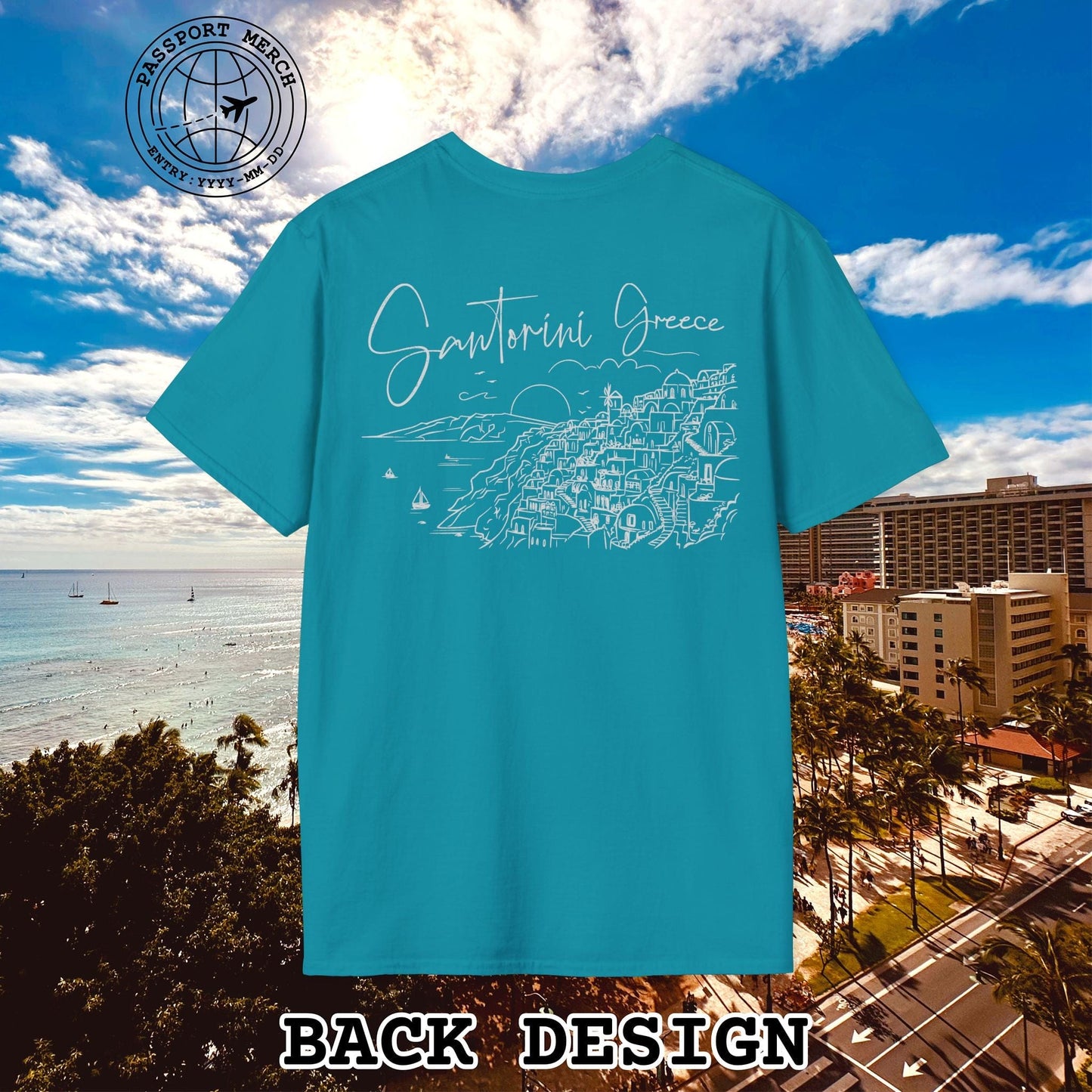 Santorini Dreaming Greece, Back Print T-Shirt