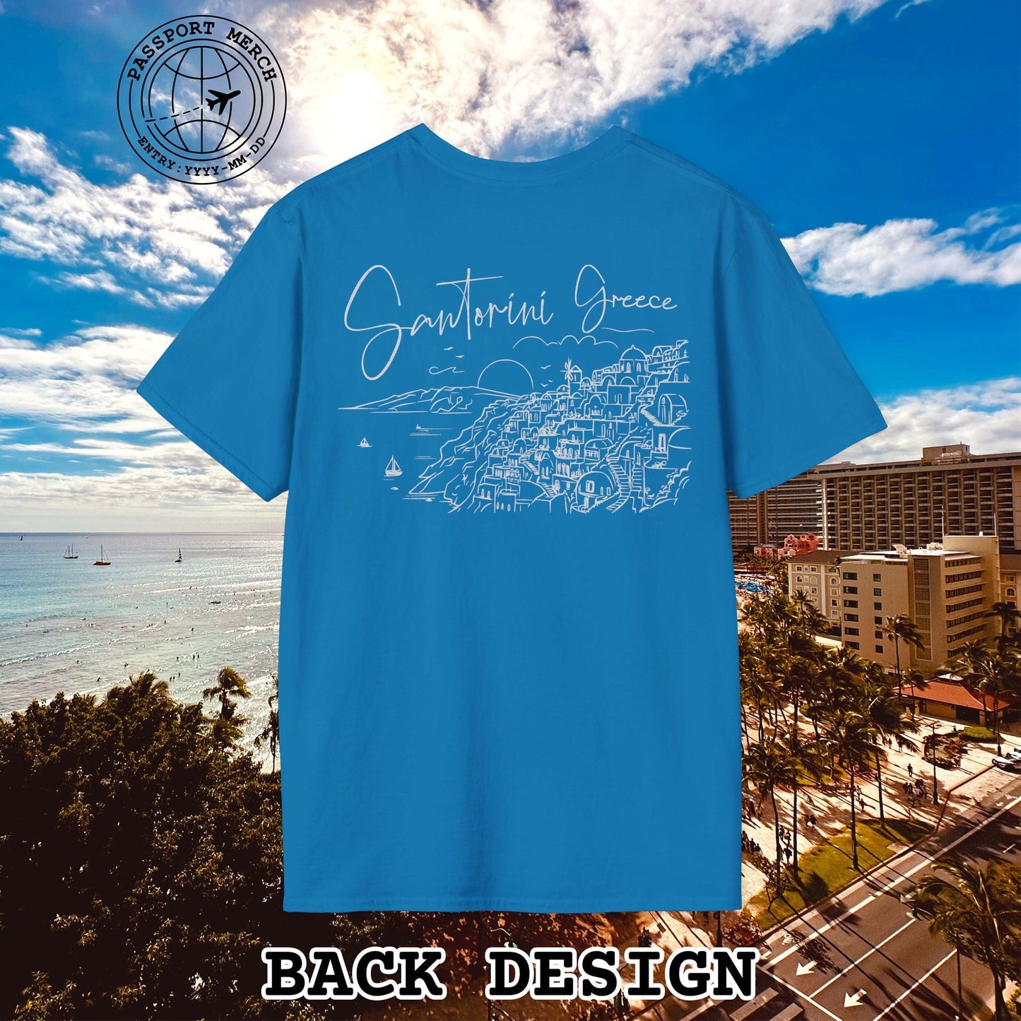Santorini Dreaming Greece, Back Print T-Shirt