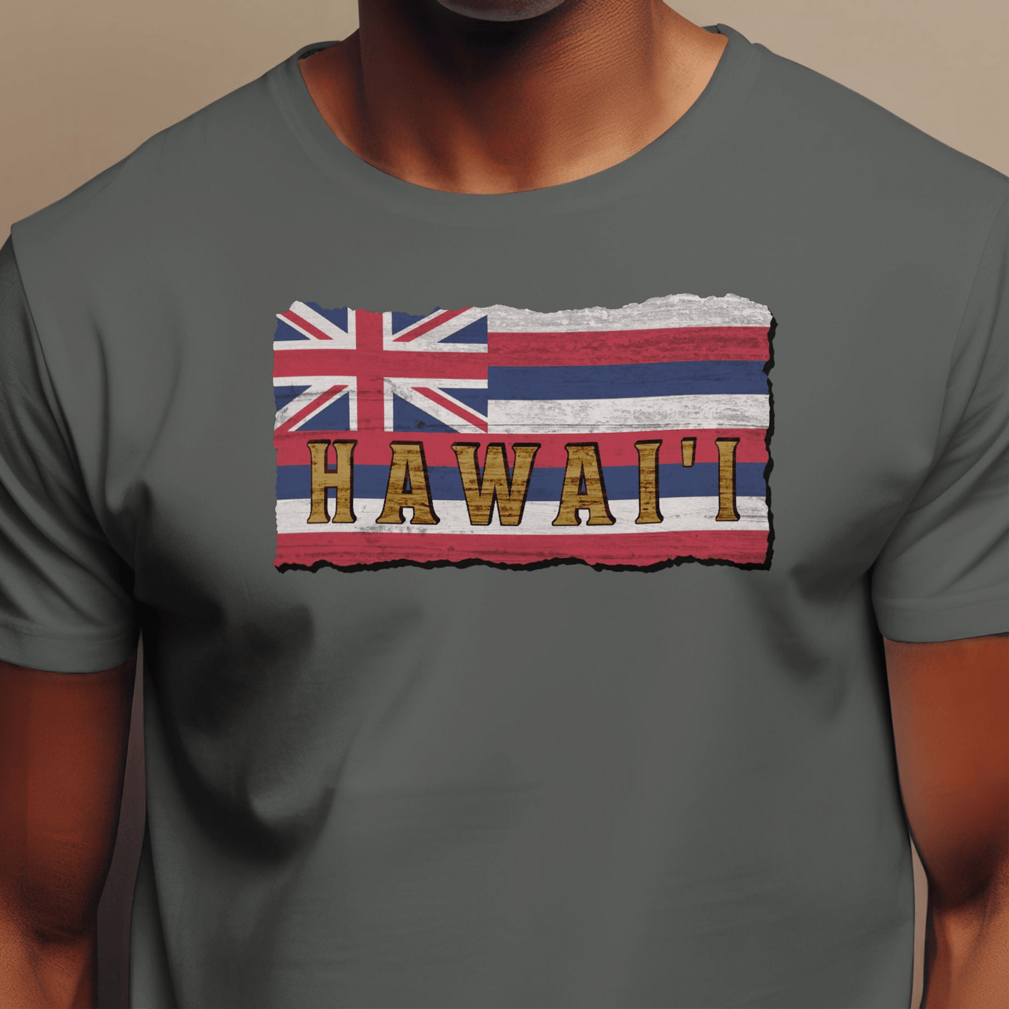 Vintage Koa Wood Carved Hawaiian Flag T-Shirt