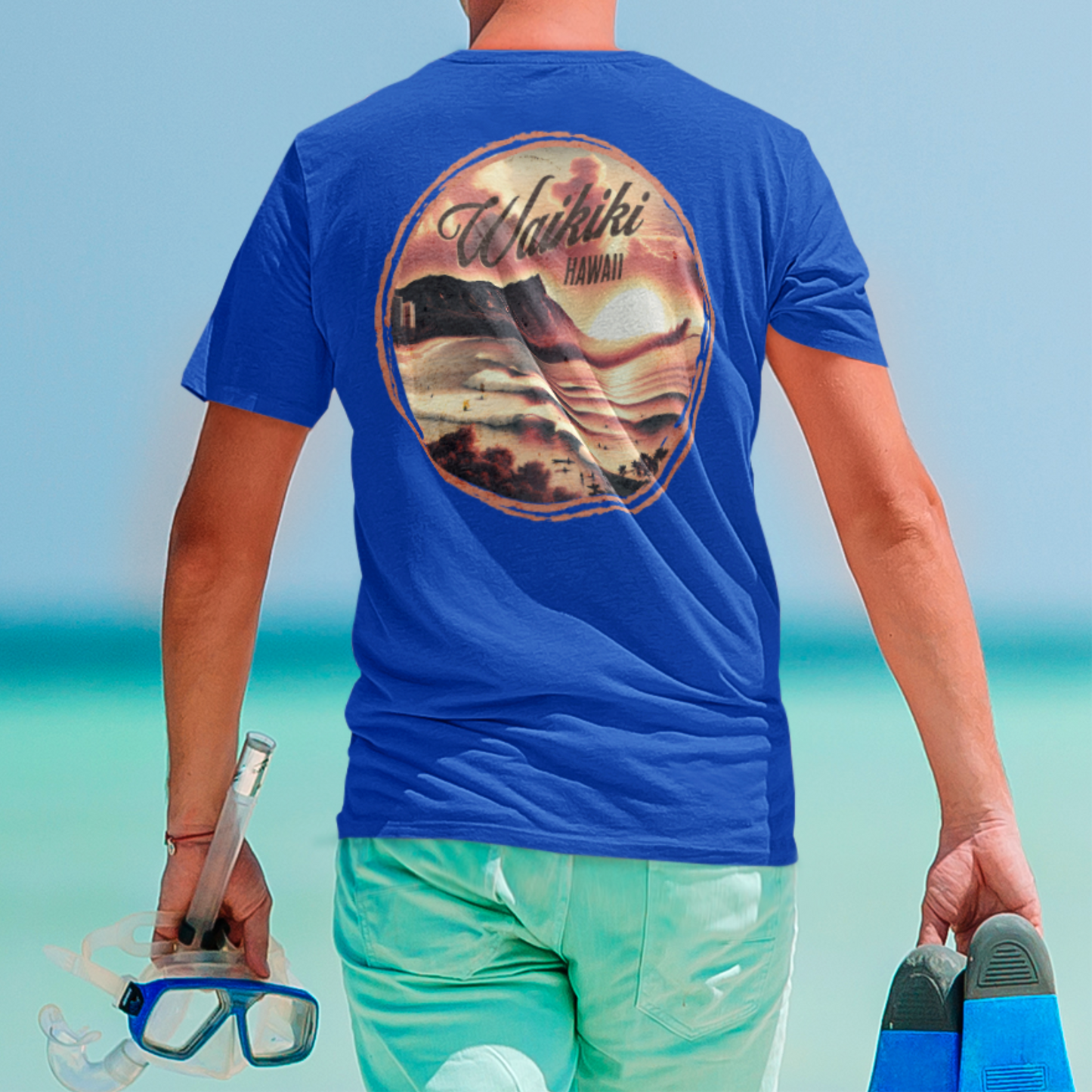 Vintage Nostalgia, Waikiki, Hawaii, Back Print T-Shirt
