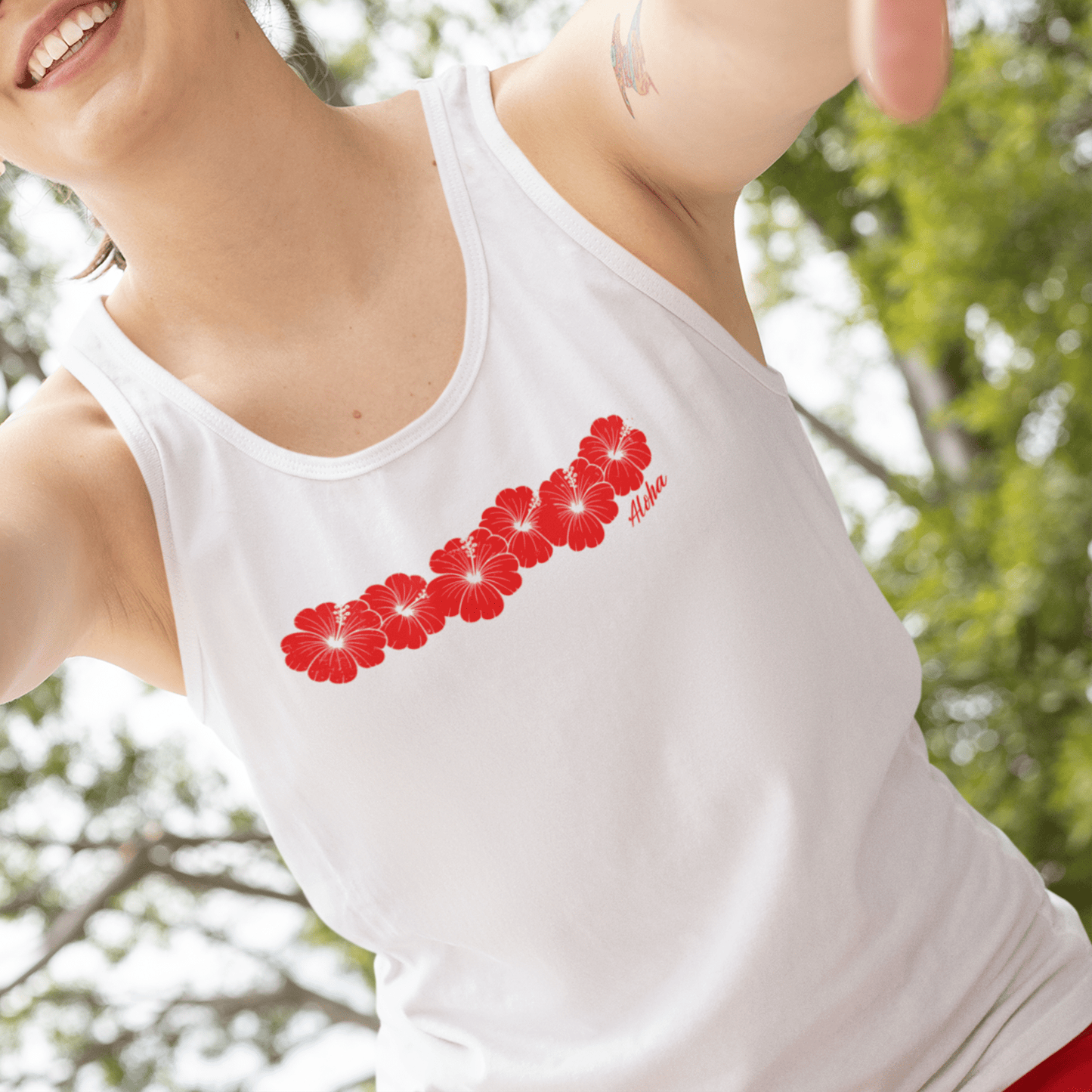 RED Monochrome Hibiscus, Hawaii Tank Top