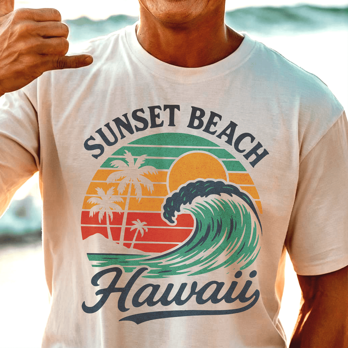 Sunset Beach, Oahu, Hawaii - Vibrant Wave Retro T-Shirt