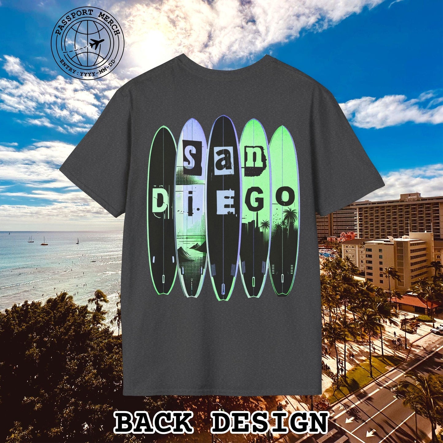 Surfboard Dreams San Diego, California, Back Print T-Shirt
