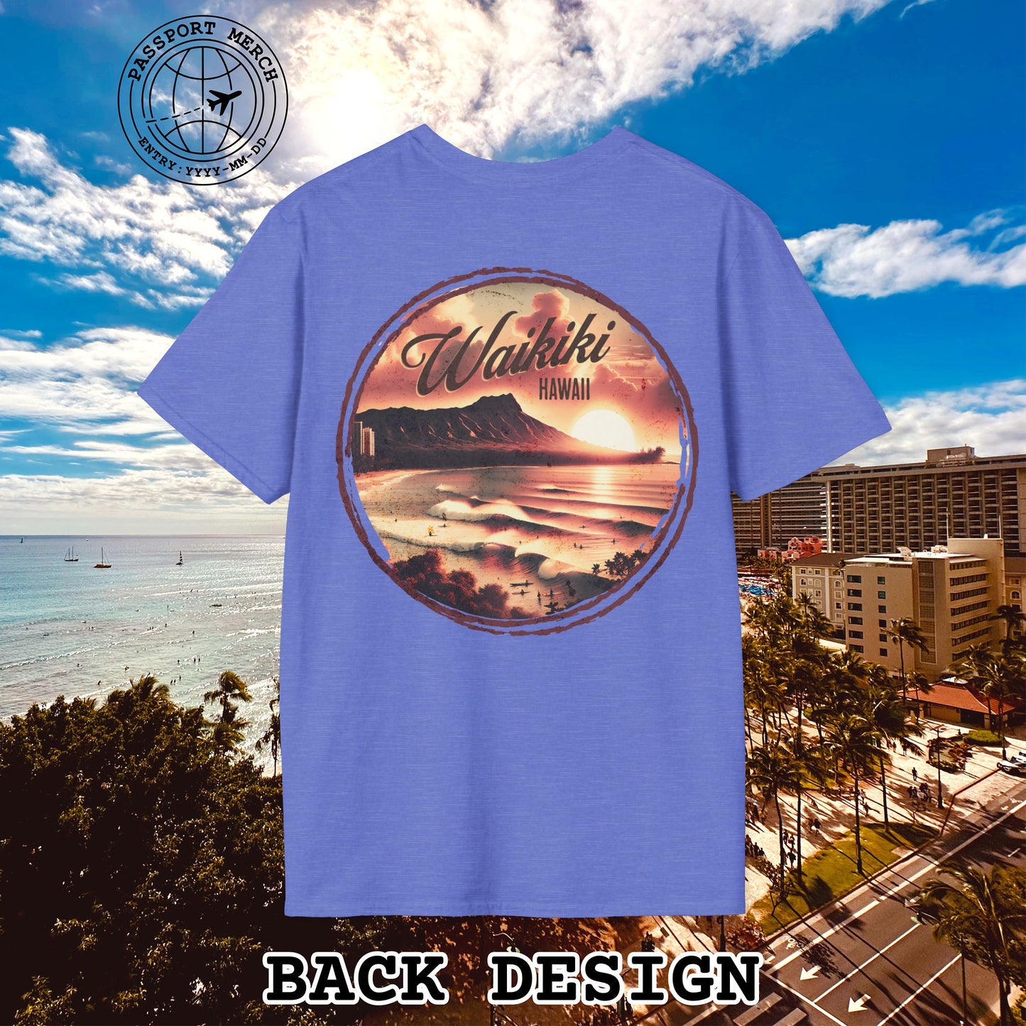 Vintage Nostalgia, Waikiki, Hawaii, Back Print T-Shirt