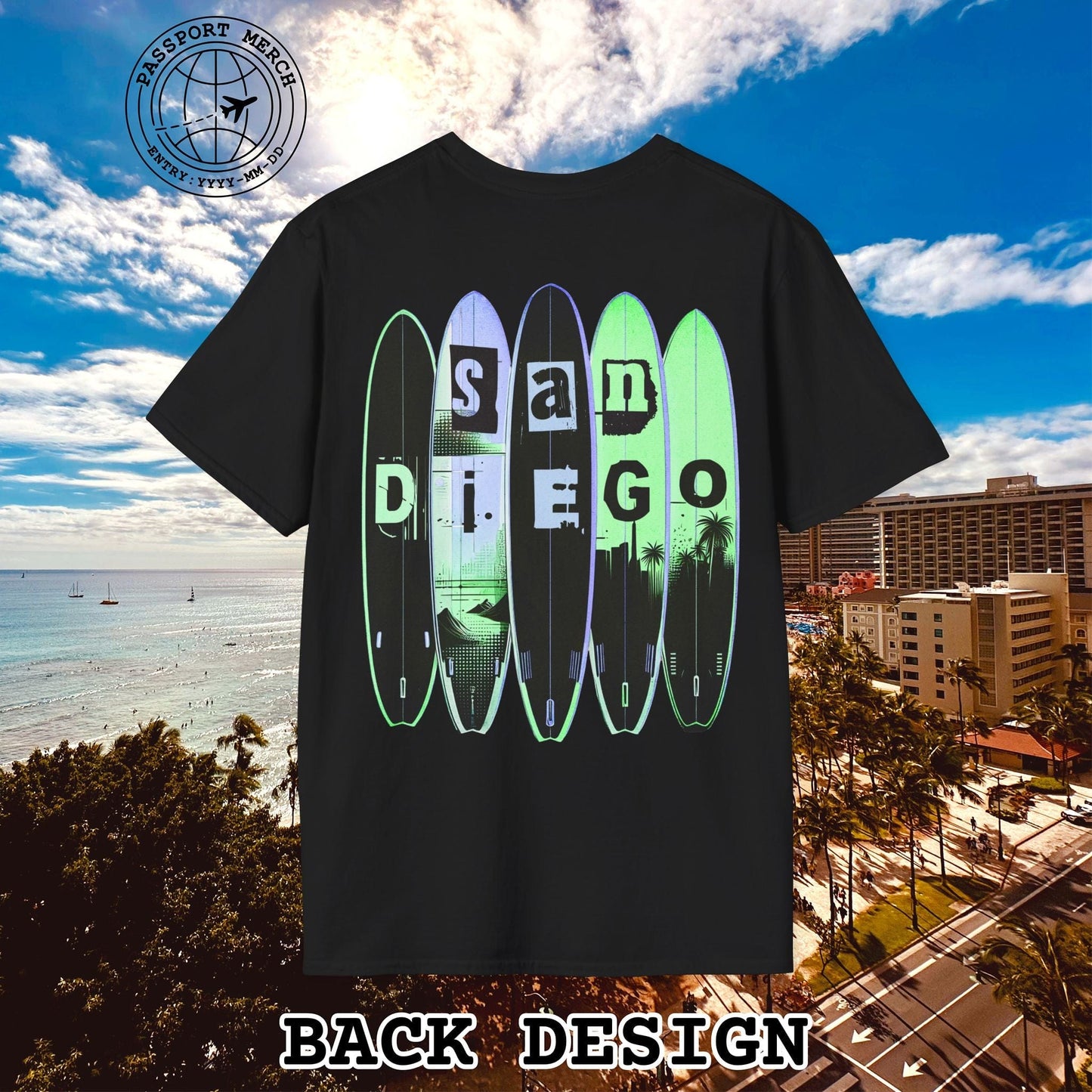 Surfboard Dreams San Diego, California, Back Print T-Shirt