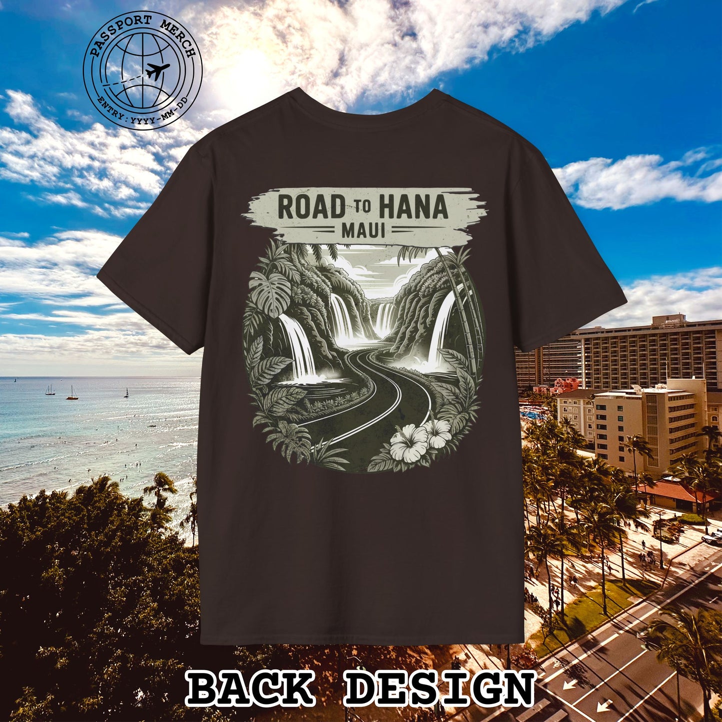 Vintage Road to Hana, Maui, Hawaii, Back Print T-Shirt