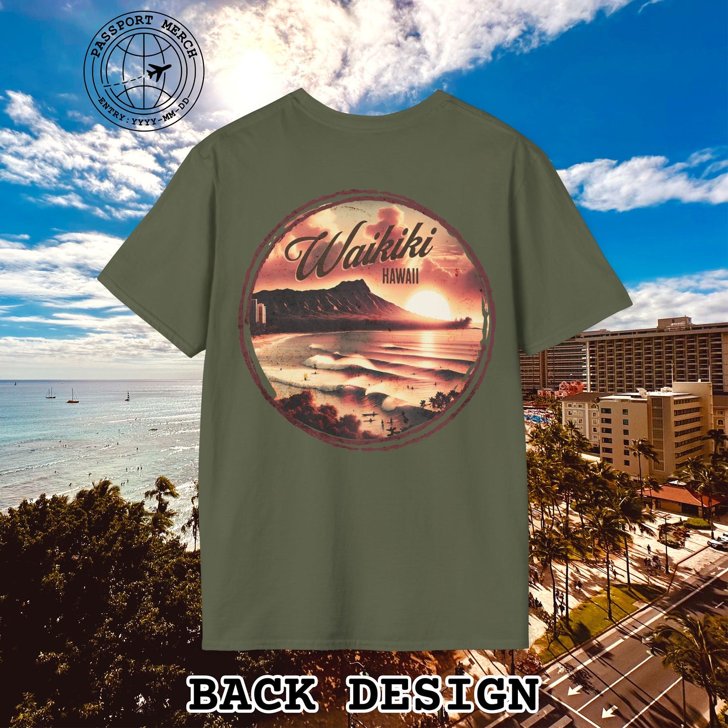 Vintage Nostalgia, Waikiki, Hawaii, Back Print T-Shirt