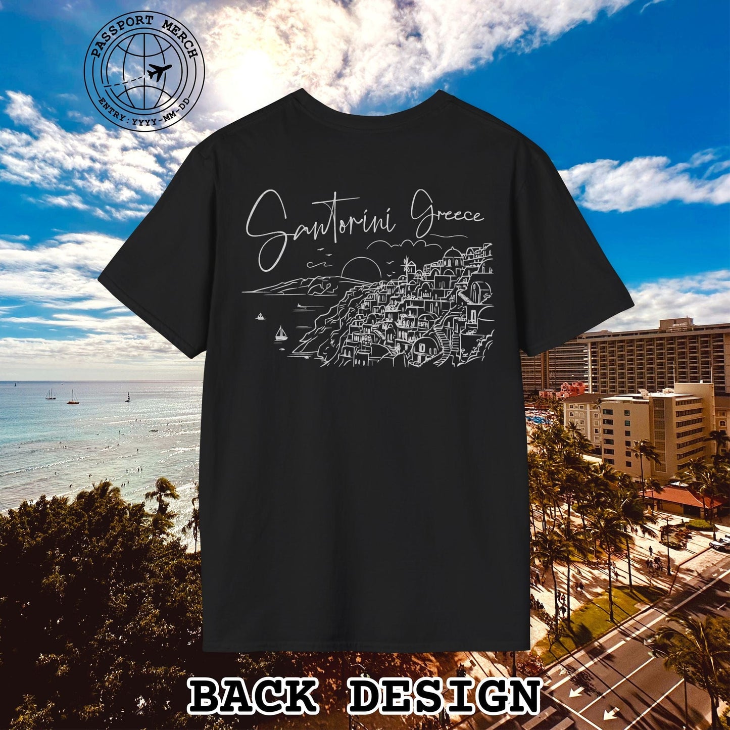 Santorini Dreaming Greece, Back Print T-Shirt