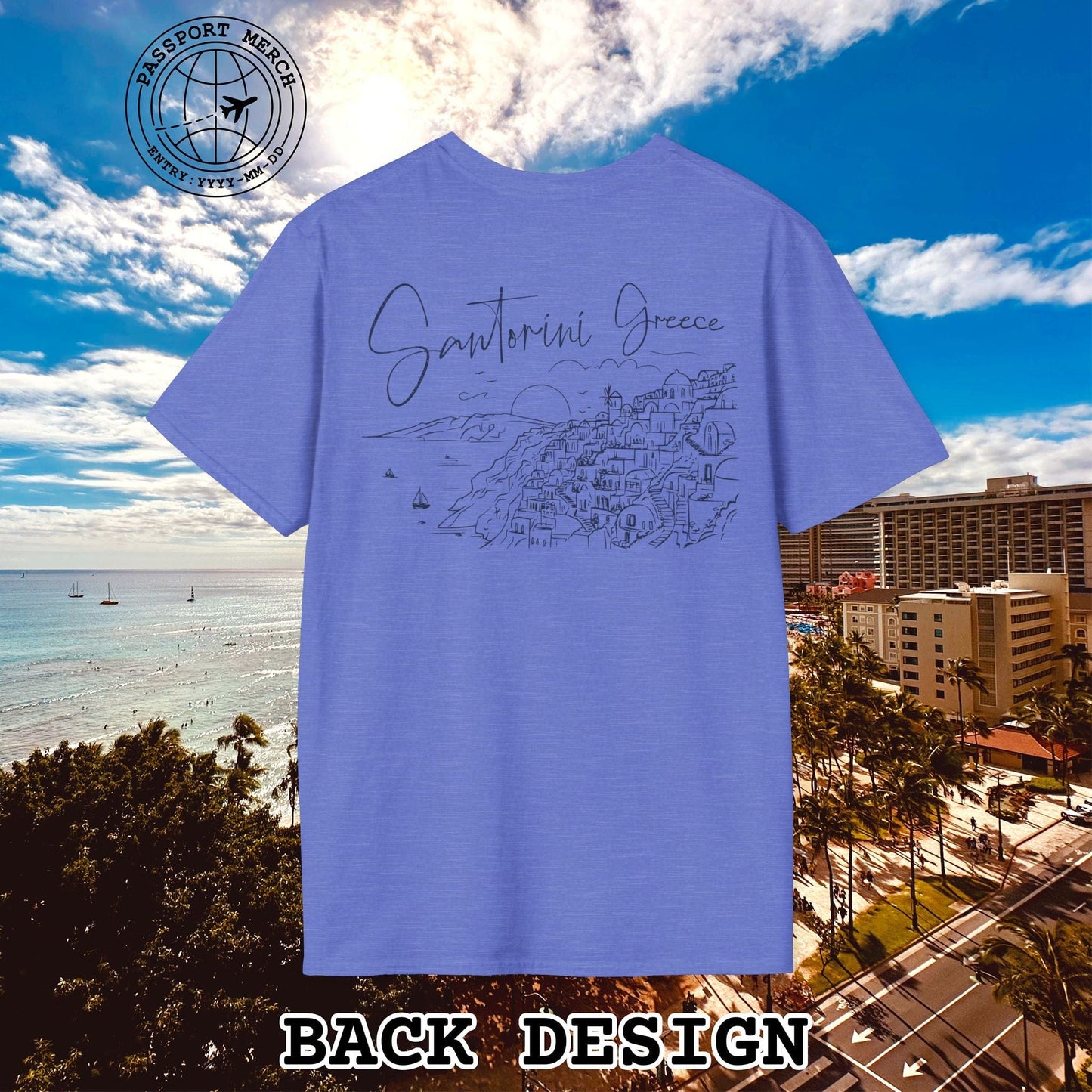 Santorini Dreaming Greece, Back Print T-Shirt