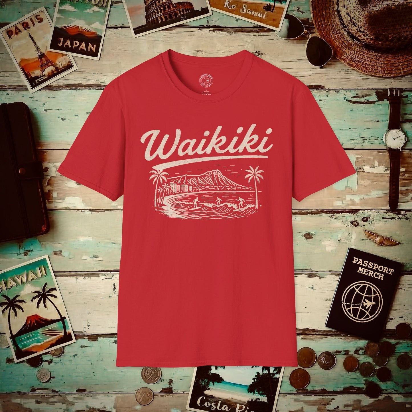 (4XL/5XL Special Order) Monochrome Dreams of Waikiki, Hawaii T-Shirt Red / 4XL