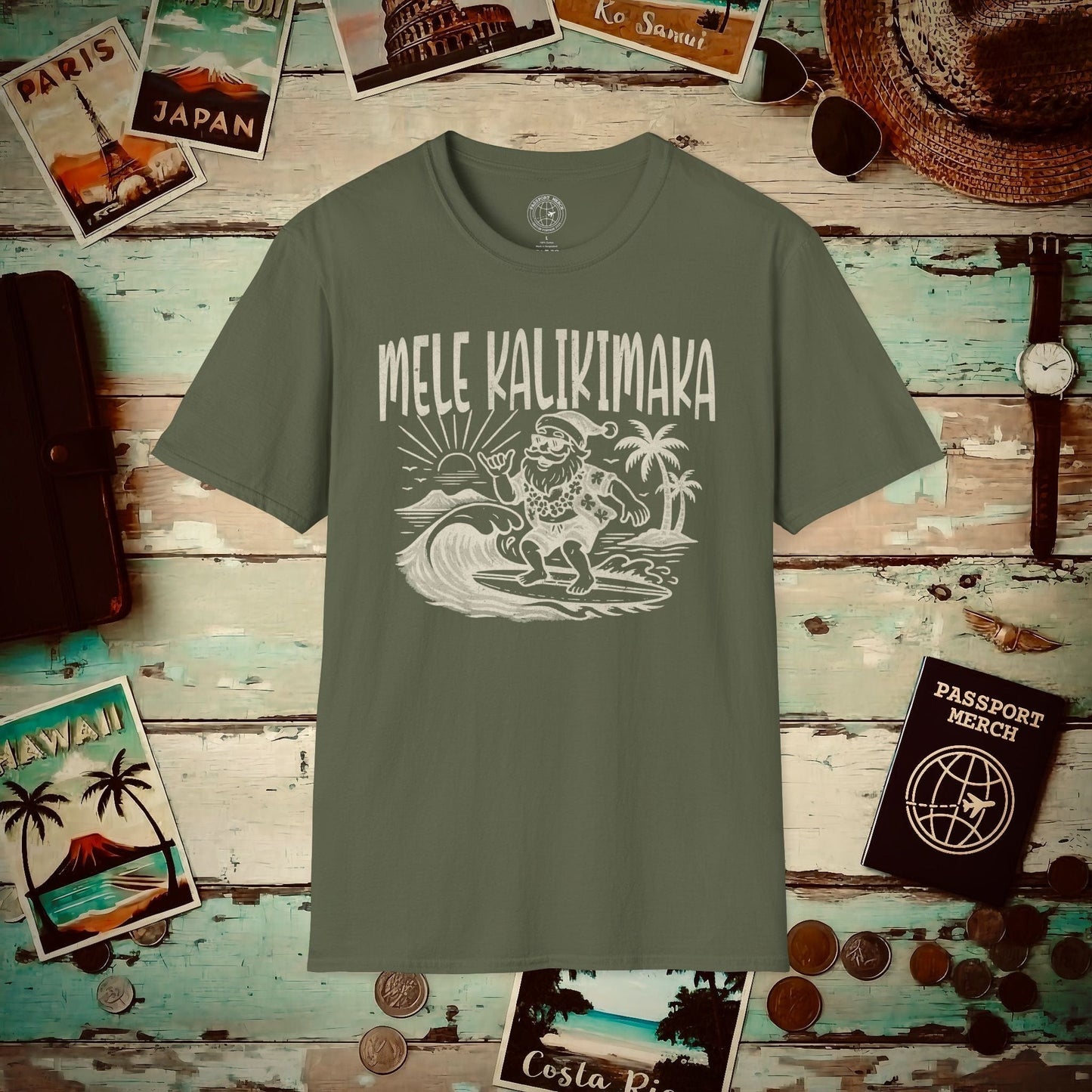 (4XL/5XL Special Order) Vintage Surfing Santa, Mele Kalikimaka, Hawaii T-Shirt Military Green / 4XL