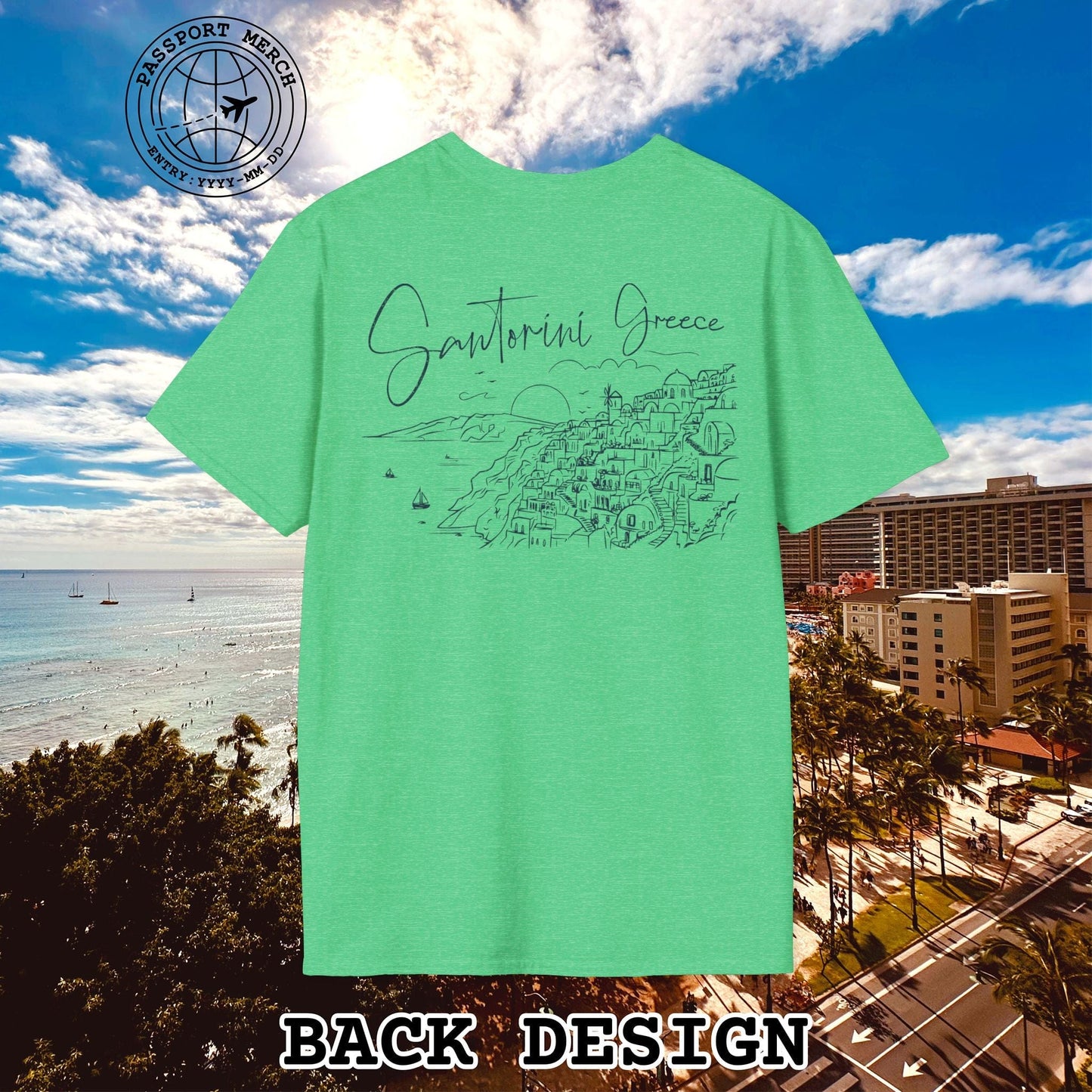 Santorini Dreaming Greece, Back Print T-Shirt