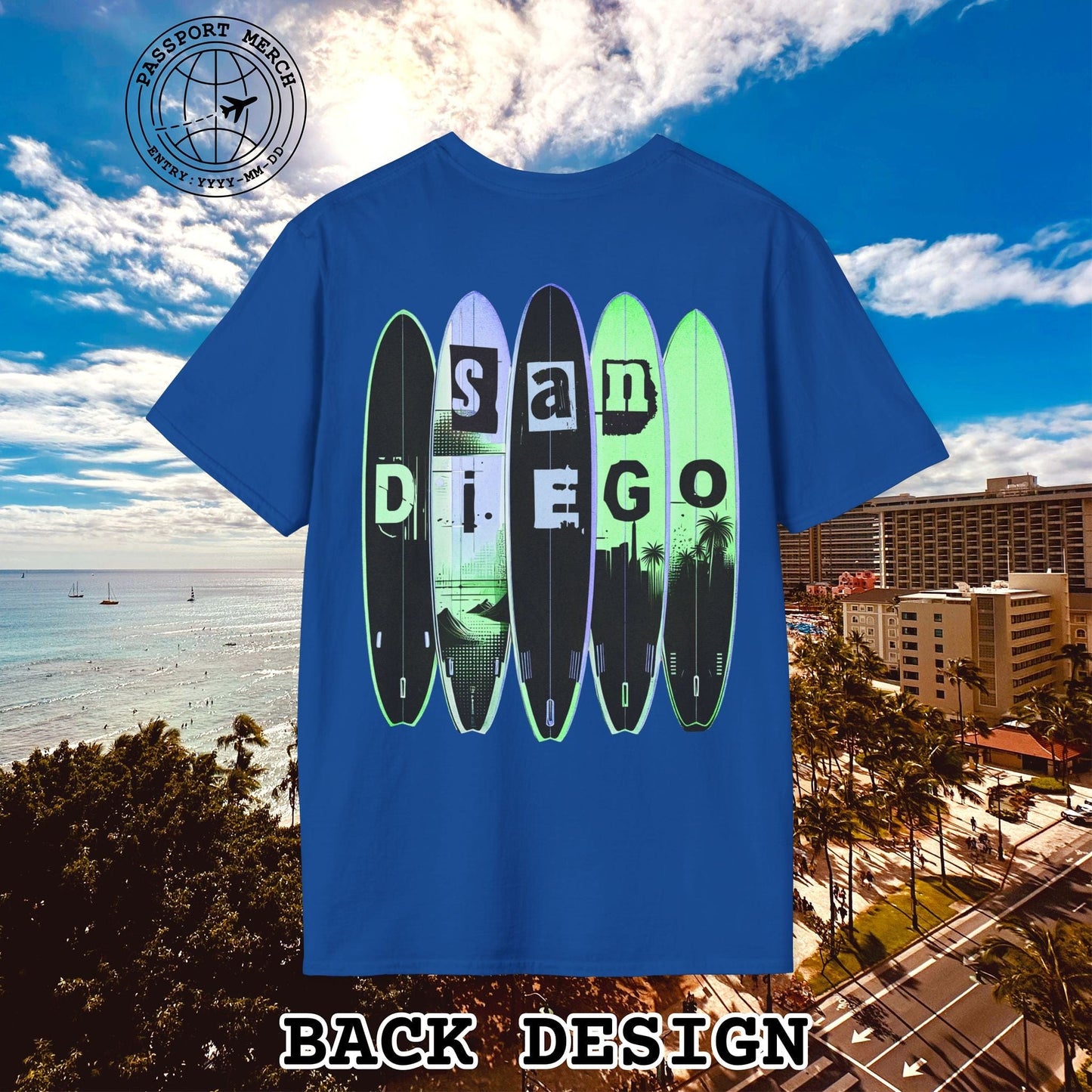Surfboard Dreams San Diego, California, Back Print T-Shirt