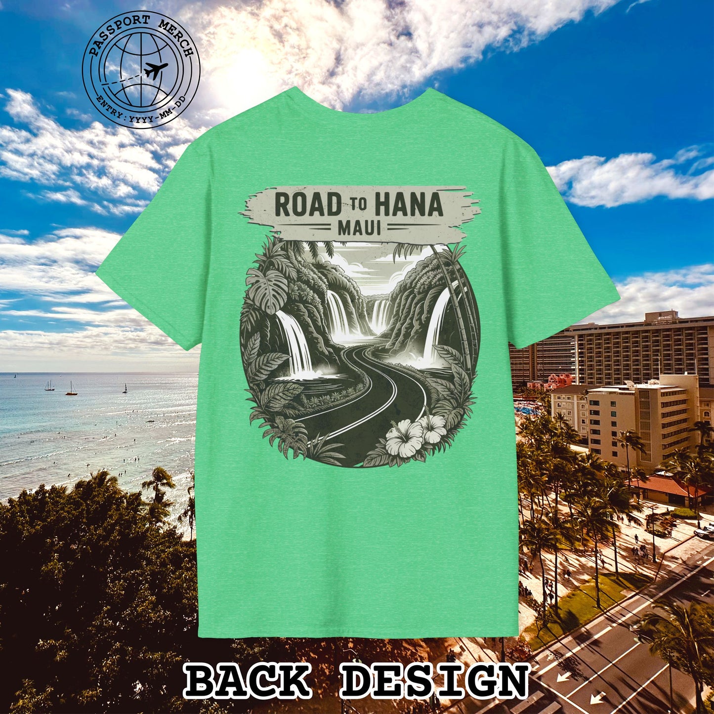 Vintage Road to Hana, Maui, Hawaii, Back Print T-Shirt