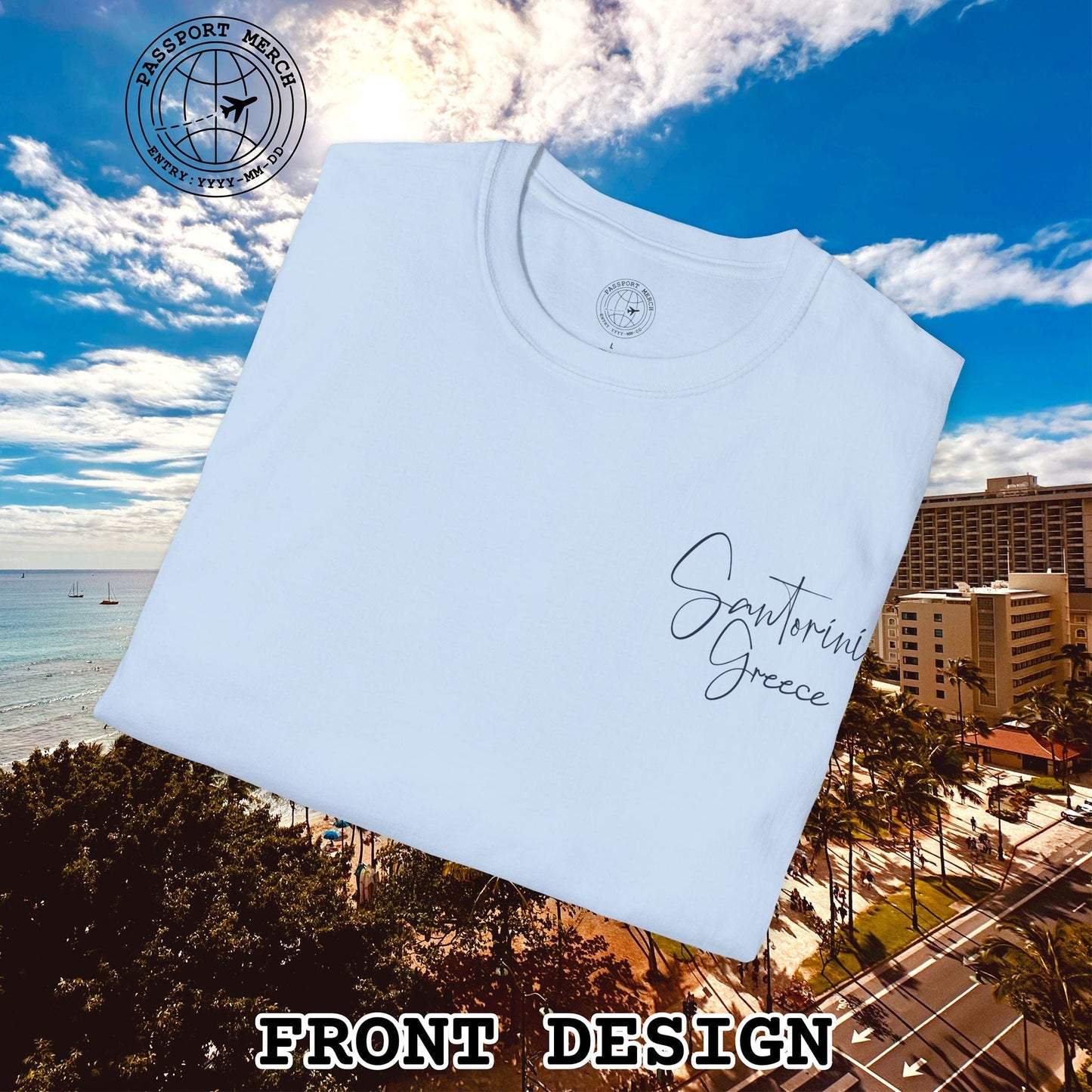 Santorini Dreaming Greece, Back Print T-Shirt