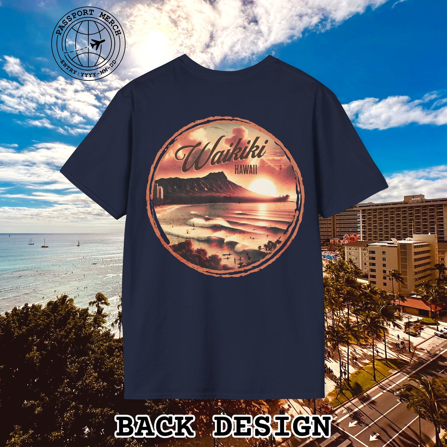 Vintage Nostalgia, Waikiki, Hawaii, Back Print T-Shirt