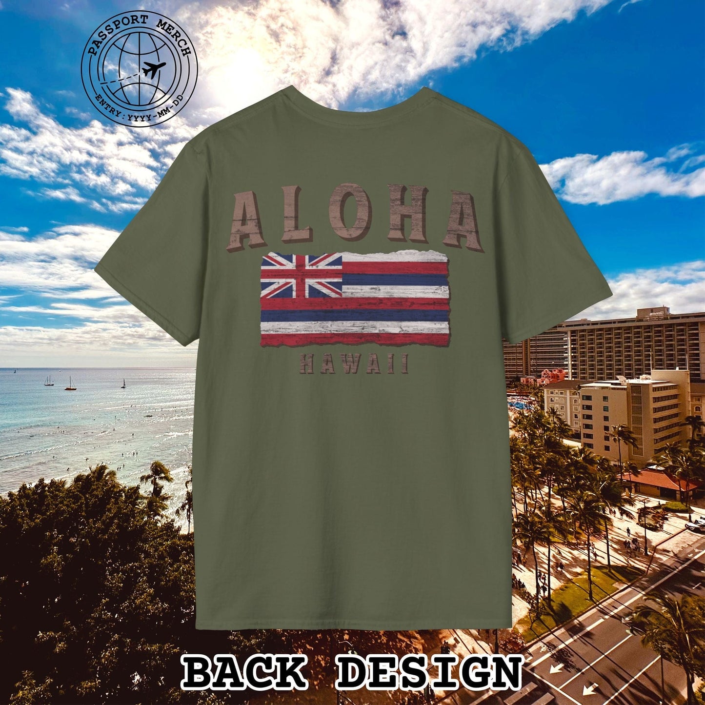 Koa Wood Aloha Hawaiian Flag, Back Print T-Shirt