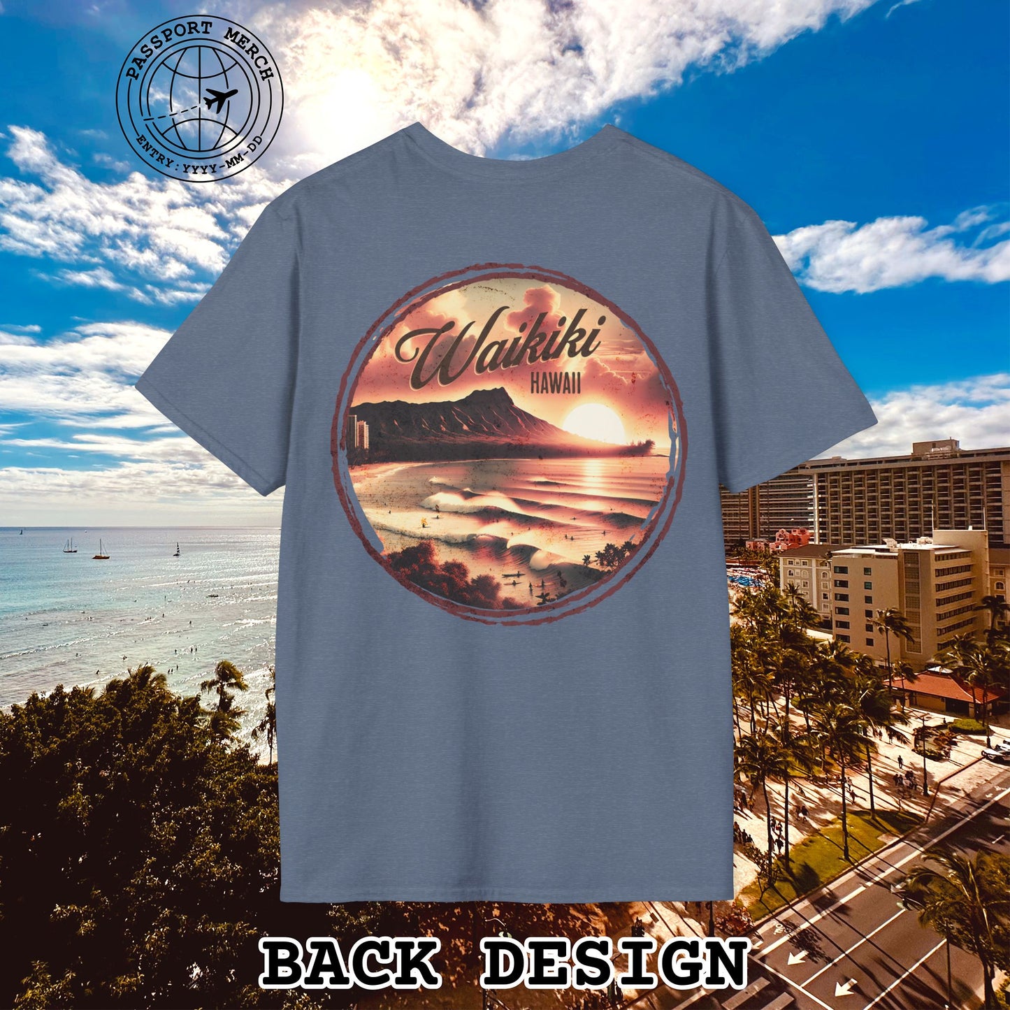 Vintage Nostalgia, Waikiki, Hawaii, Back Print T-Shirt