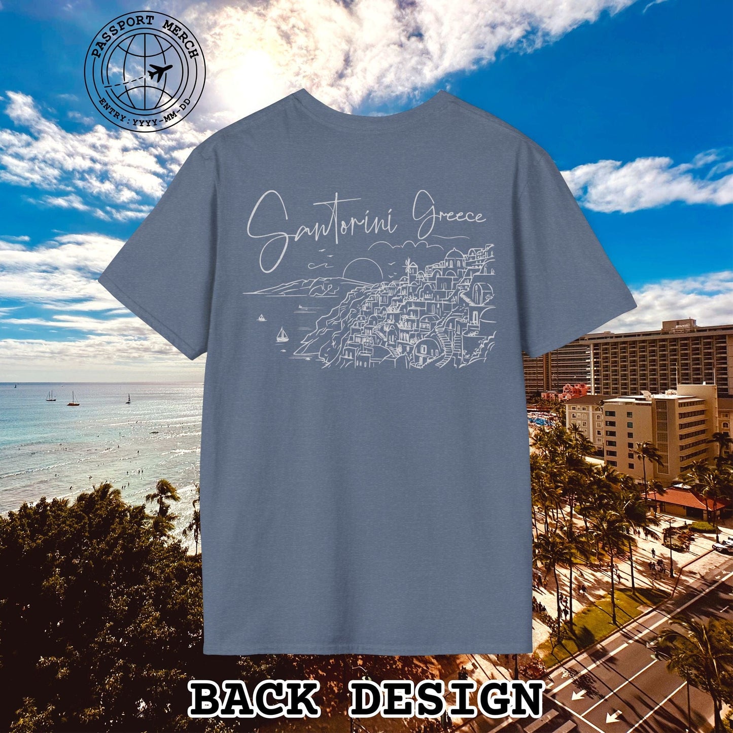 Santorini Dreaming Greece, Back Print T-Shirt