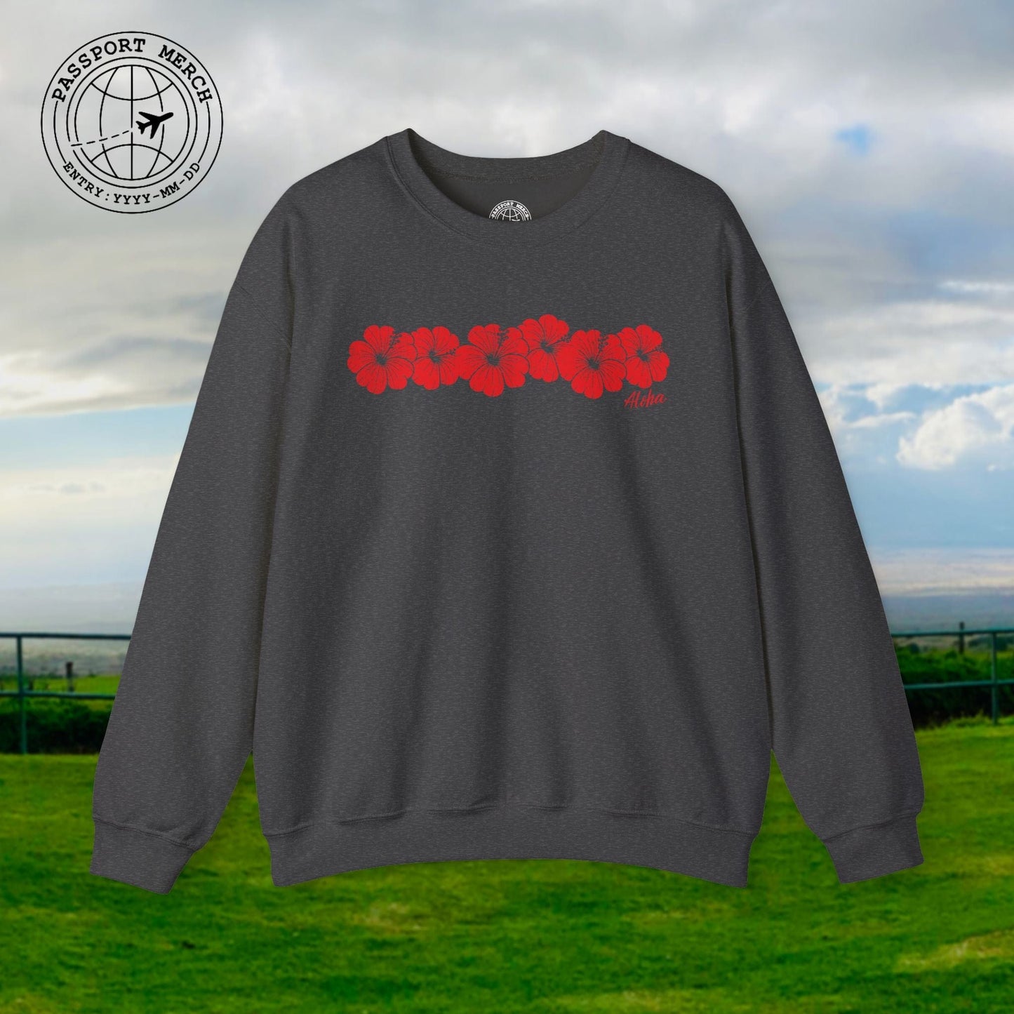 RED Monochrome Hibiscus, Hawaii Crewneck