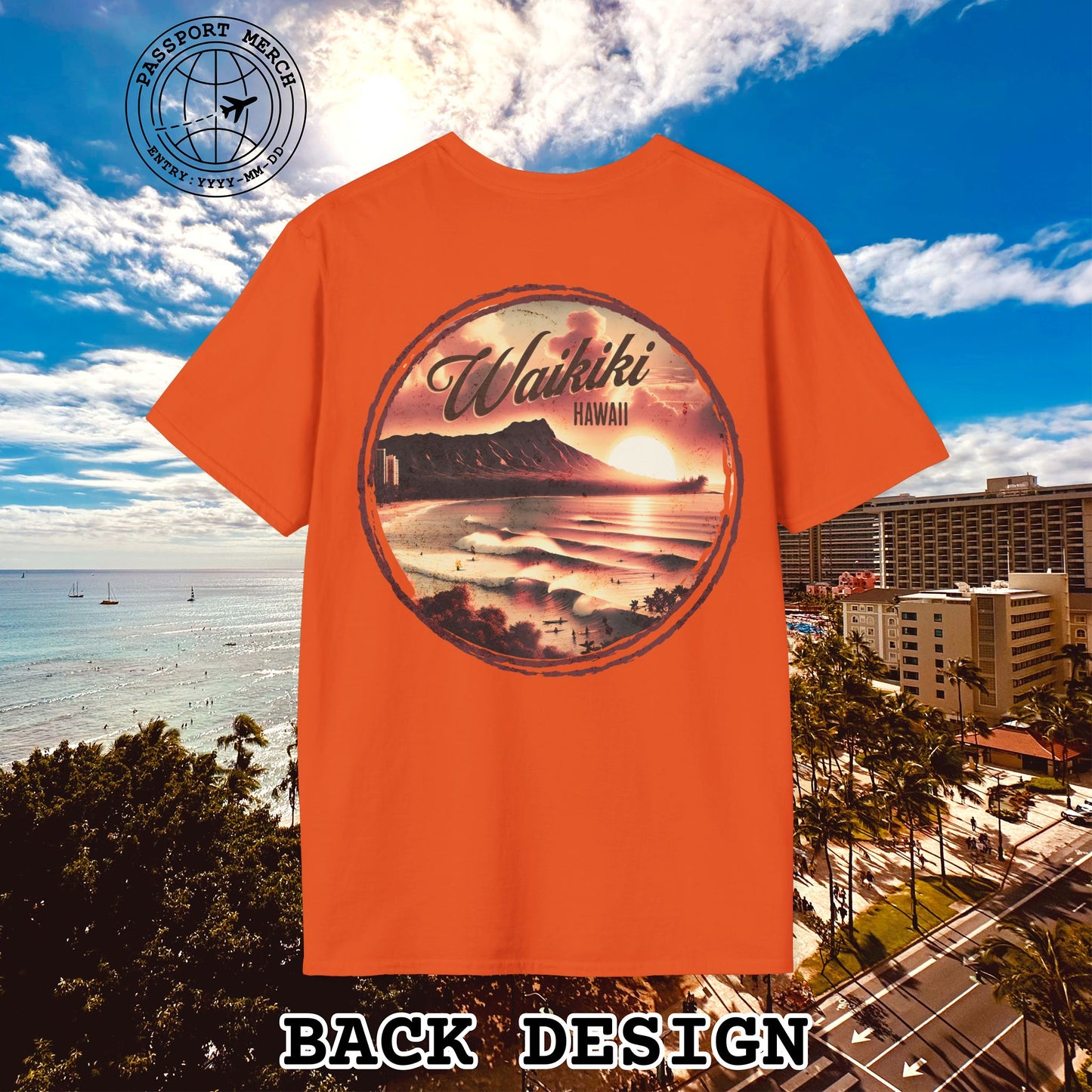 Vintage Nostalgia, Waikiki, Hawaii, Back Print T-Shirt